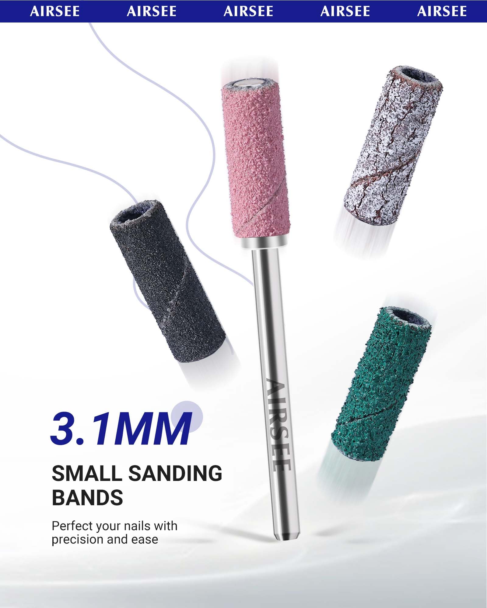 Professional AIRSEE 3.1mm Small Sanding Bands for Electric Nail Drill - 80 Piece Set with 120/180/240 Grit - Acrylic Nail File Attachments & 1 Mandrel Bit - Mini Sander for Manicure & Pedicure (White, Pink, Black) - Perfect for Salon, Home Nail Care & DIY Beauty