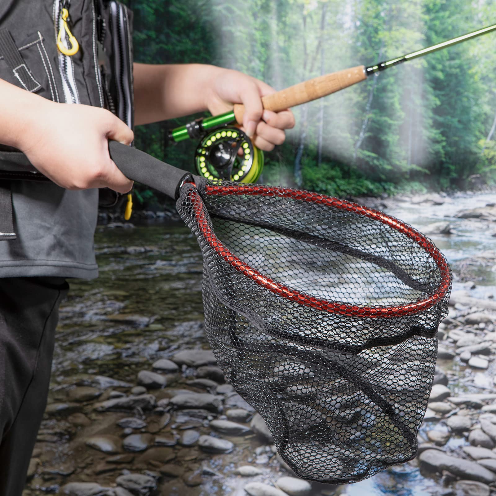 **Premium Fly Fishing Net with EVA Handle – CNC Aluminum Alloy Frame & Rubber-Coated Mesh – Ideal for Trout, Steelhead, Bass, and Salmon – Perfect for Kayak Fishing and Catch-and-Release**