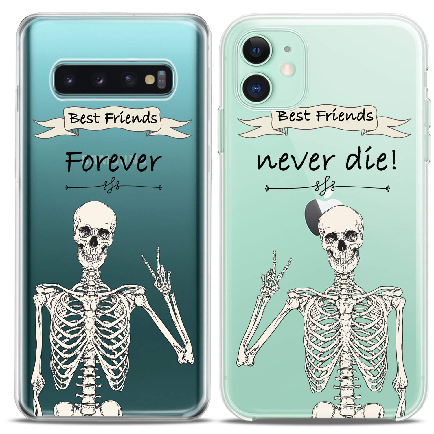 Matching Couple Phone Cases Compatible with iPhone 16/15/14/13/12/11 Pro Max/Mini/XS/X/6s/8 Plus/7+/XR/10/SE 5 - Funny Skeleton Best Friends Silicone Cover - Cute Boho Art Design for Women & Teens - Perfect for Couples, BFFs & Soulmates    **Usage Scenarios:** Great for Valentine's Day, anniversaries, birthdays, or everyday use to show your love and friendship with matching phone cases!