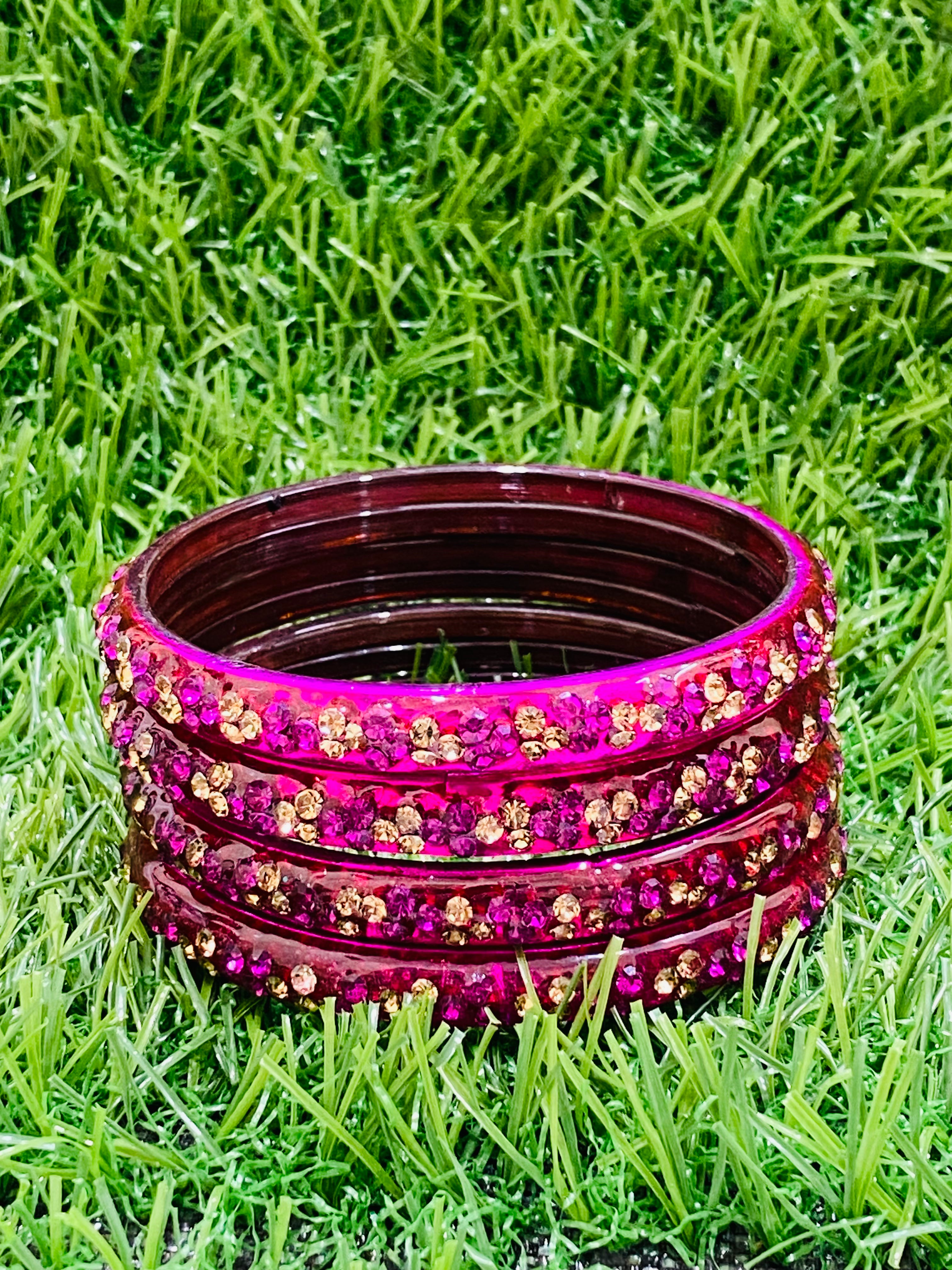 Elegant Rani Pink Glass Bangles with Stone Design for Women - Perfect for Weddings, Parties & Ethnic Fashion Accessories