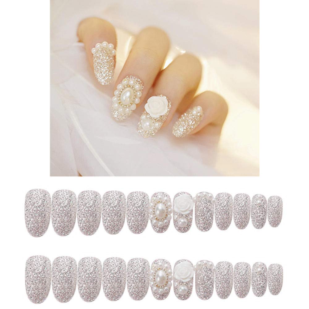 24PCS HUJL False Nails Set - Round Silver Fake Nails with White Flower Pearl Applique for Bridal Wedding, Manicure, Party & Special Occasions
