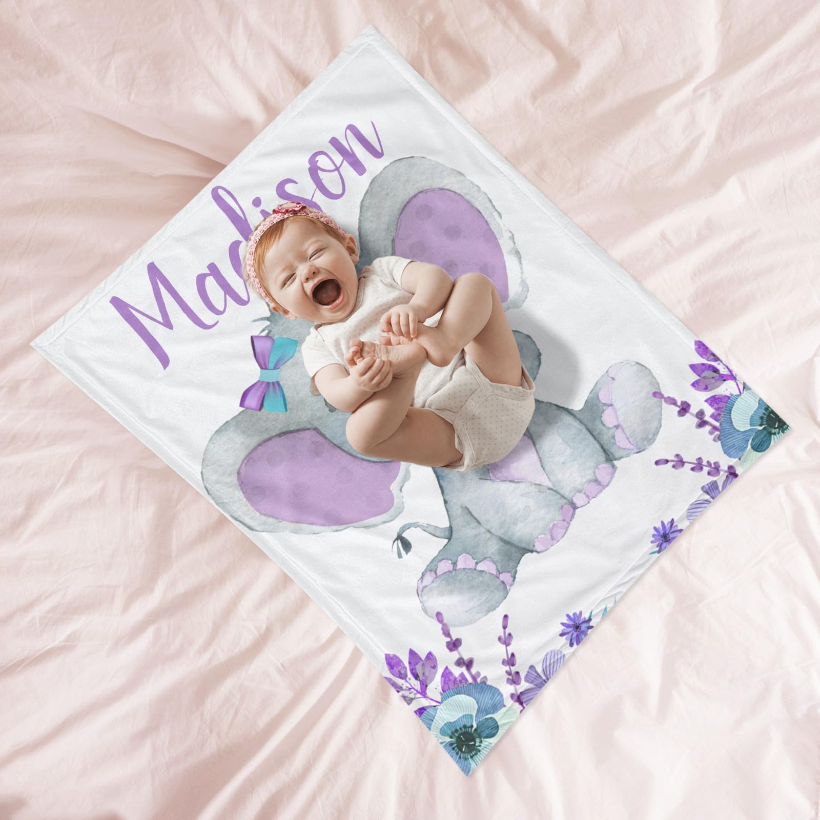 Personalized Baby Blankets for Girls with Name - Custom Embroidered Soft Flannel Receiving Blanket for Newborns (60x80 inches) - Perfect for Nursery, Christening Gifts & Photo Shoots - Purple Elephant Design