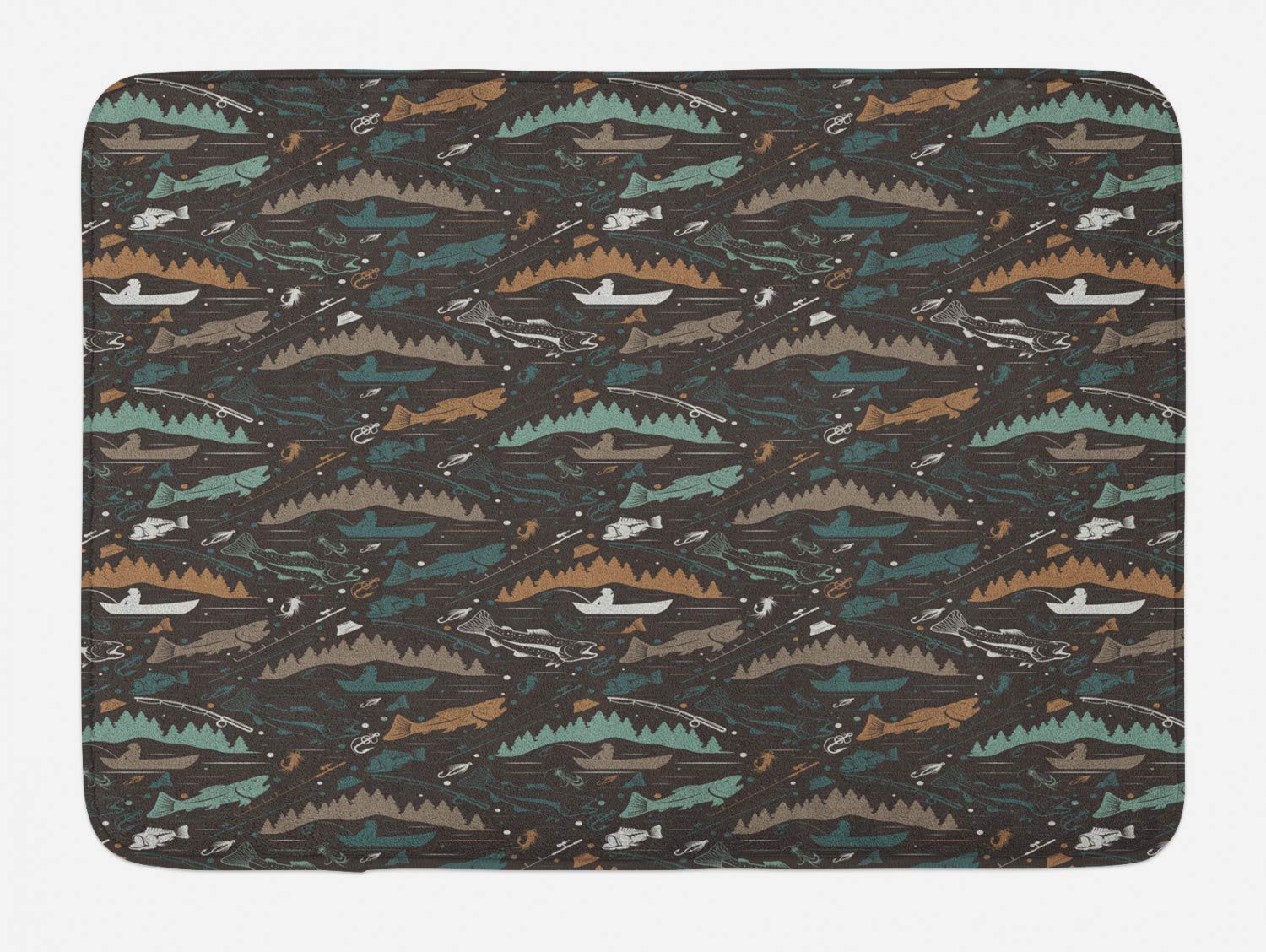 Ambesonne Non-Slip Fishing Theme Bath Mat - Nautical Decor with Fish, Lures & Rods, Plush Bathroom Rug, 30.2x20 Inches, Dark Taupe Multicolor - Perfect for Beach House, Lake Cabin & Coastal Bathroom Decor