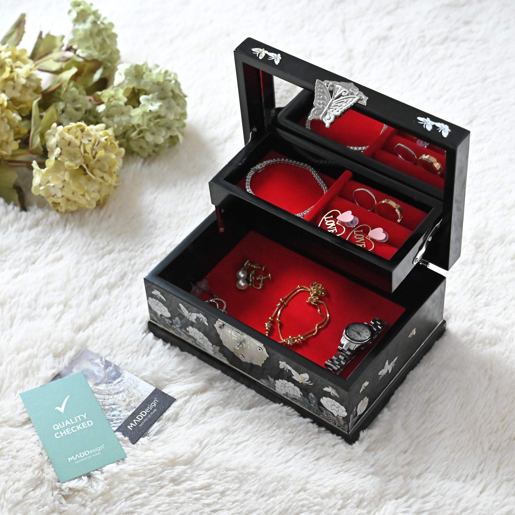 Elegant MADDesign Mother of Pearl Jewelry Box with Mirror Lid - 2-Tier Peacock Design in Black | Perfect for Ring & Earring Storage, Vanity Organizer & Gift for Women