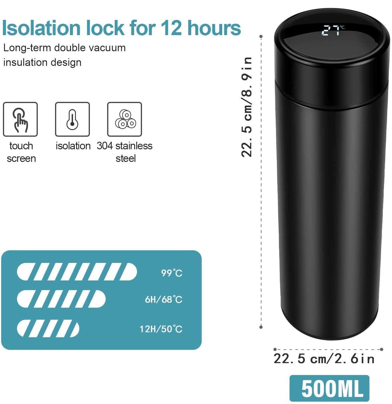Techgadget 500ml Stainless Steel Vacuum Insulated Water Bottle with LED Temperature Display - Leak Proof, 12 Hour Hot & Cold Retention - Perfect for Gym, Hiking, Office & Travel Hydration