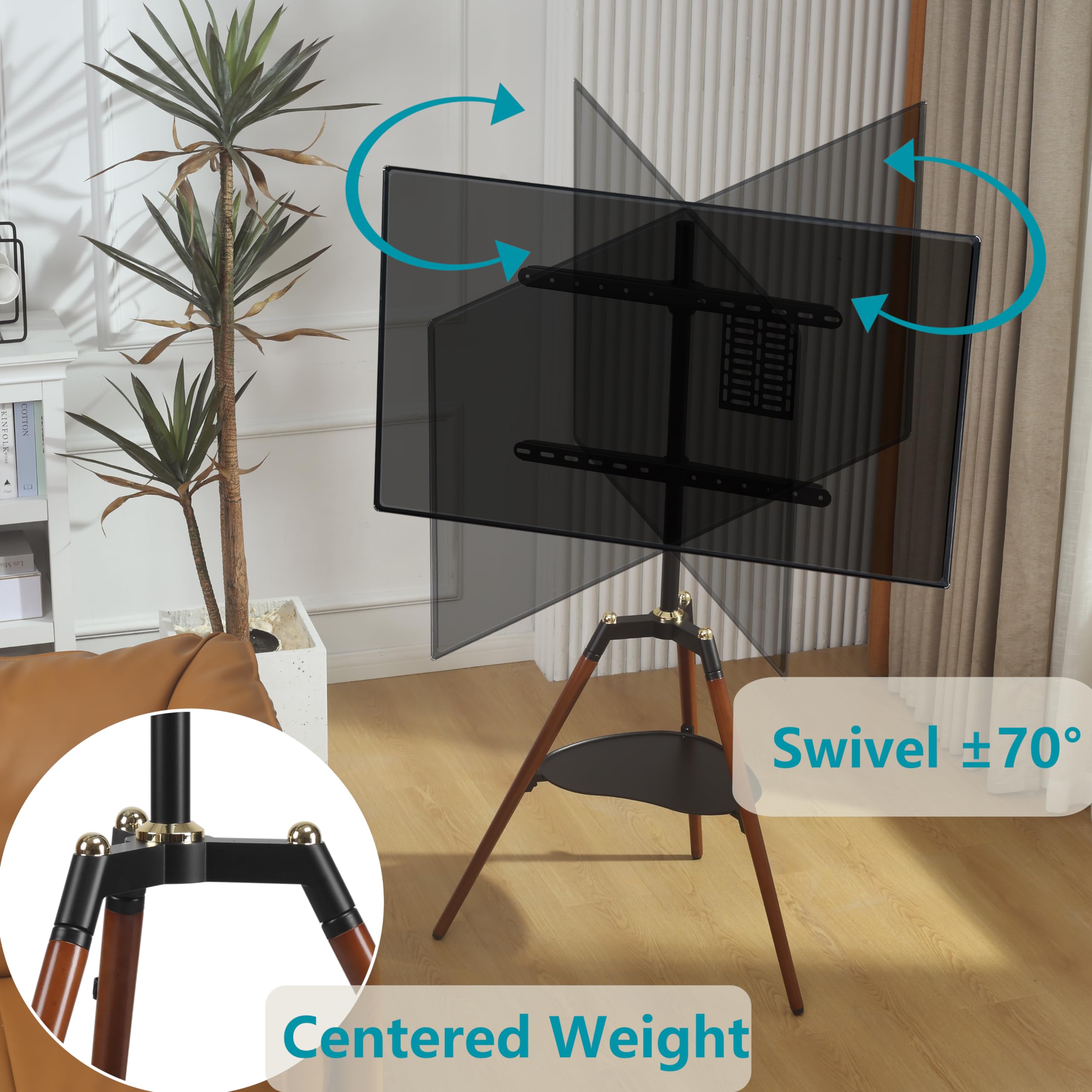 ETHU Adjustable Tripod TV Stand for 32-65 Inch LED LCD Flat/Curved Screens - 140° Swivel & Height Adjustable Studio Display Easel - Perfect for Bedroom, Living Room & Corner Placement (Home Theater Setup)