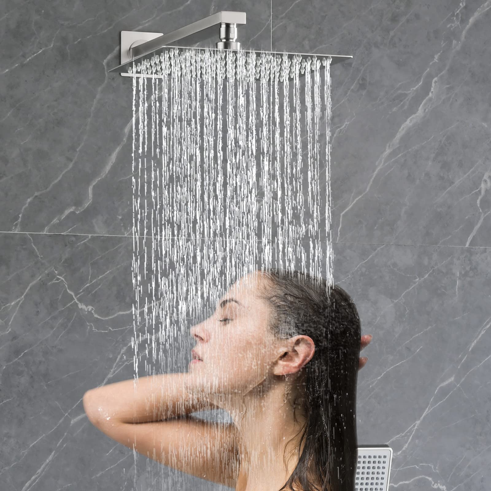 QISHENG 10 Inch Wall Mounted Rainfall Shower System - Brushed Nickel Pressure Balanced Shower Faucet Set with Handheld Sprayer - Perfect for Modern Bathroom Renovation & Spa-Like Shower Experience