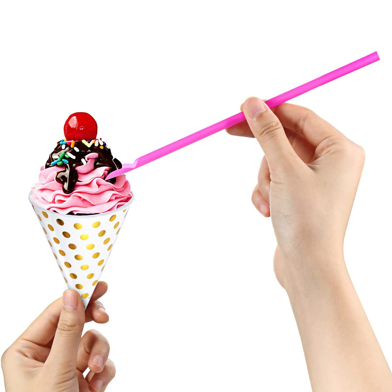 100-Pack 4.5oz Leakproof Snow Cone Cups with 100 Spoons & Straws - Premium Paper Cones for Shaved Ice, Slushies, Ice Cream, Sorbet & Cold Drinks - Perfect for Parties, Carnivals, Summer Treats & Frozen Dessert Stands