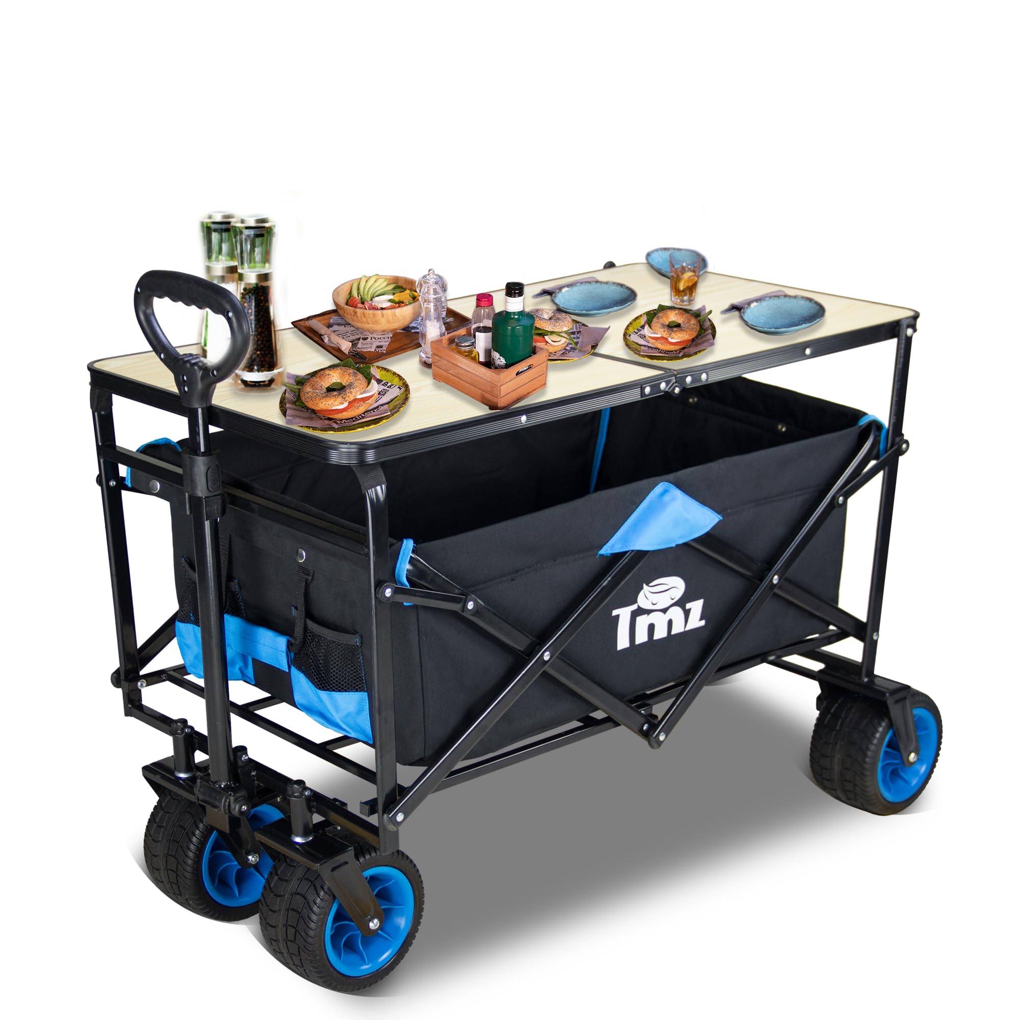TMZ Heavy Duty All Terrain Utility Folding Wagon Cart with Removable Table - Collapsible Beach, Camping & Garden Wagon for Outdoor Activities, Shopping, Picnics & Tailgating (Blue)