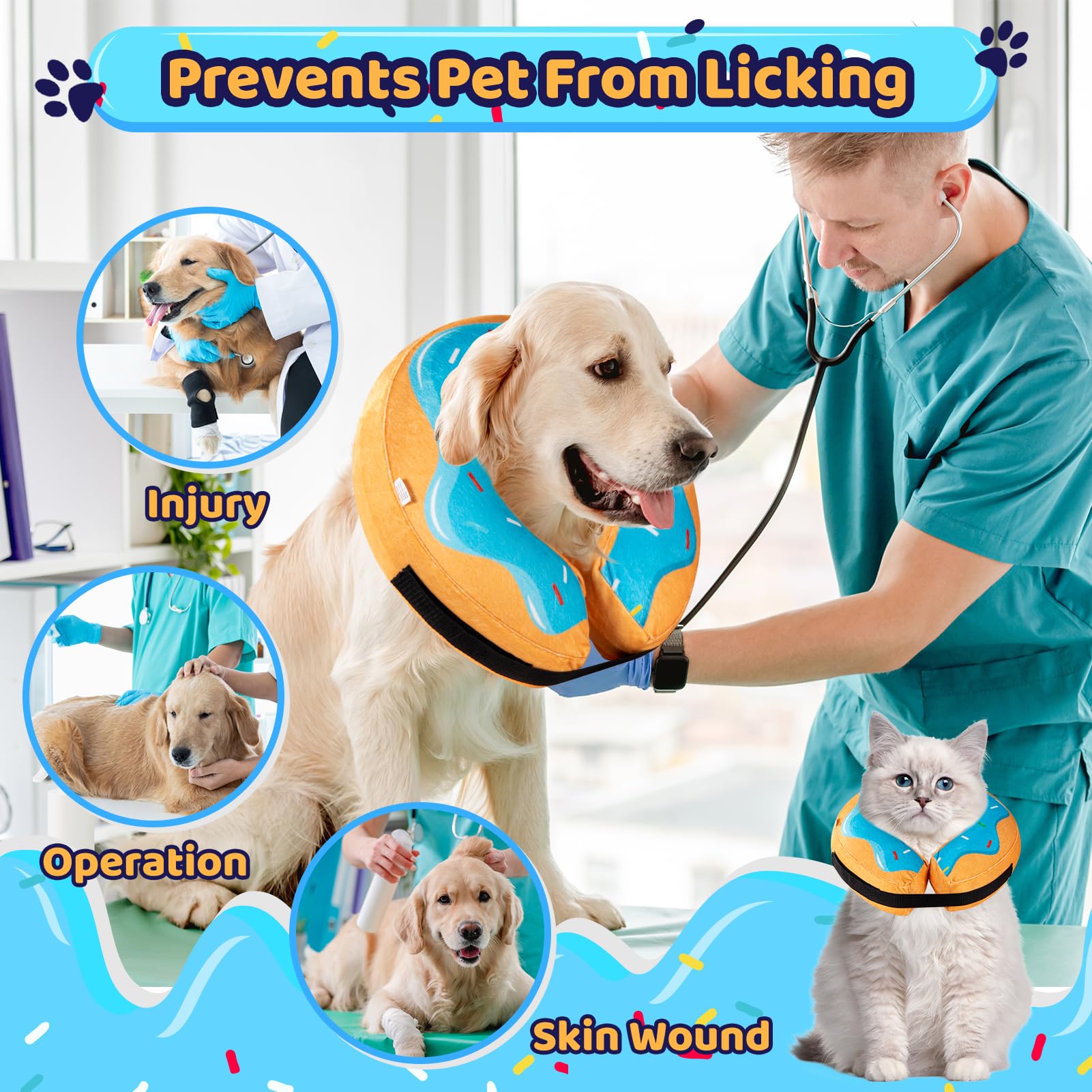 Grand Line Inflatable Donut Collar for Dogs & Cats - Soft Recovery Cone After Surgery, Protective Neck Collar for Small Medium Large Pets - No Vision Block (Blue, Large) - Perfect for Post-Surgery Care & Pet Comfort at Home