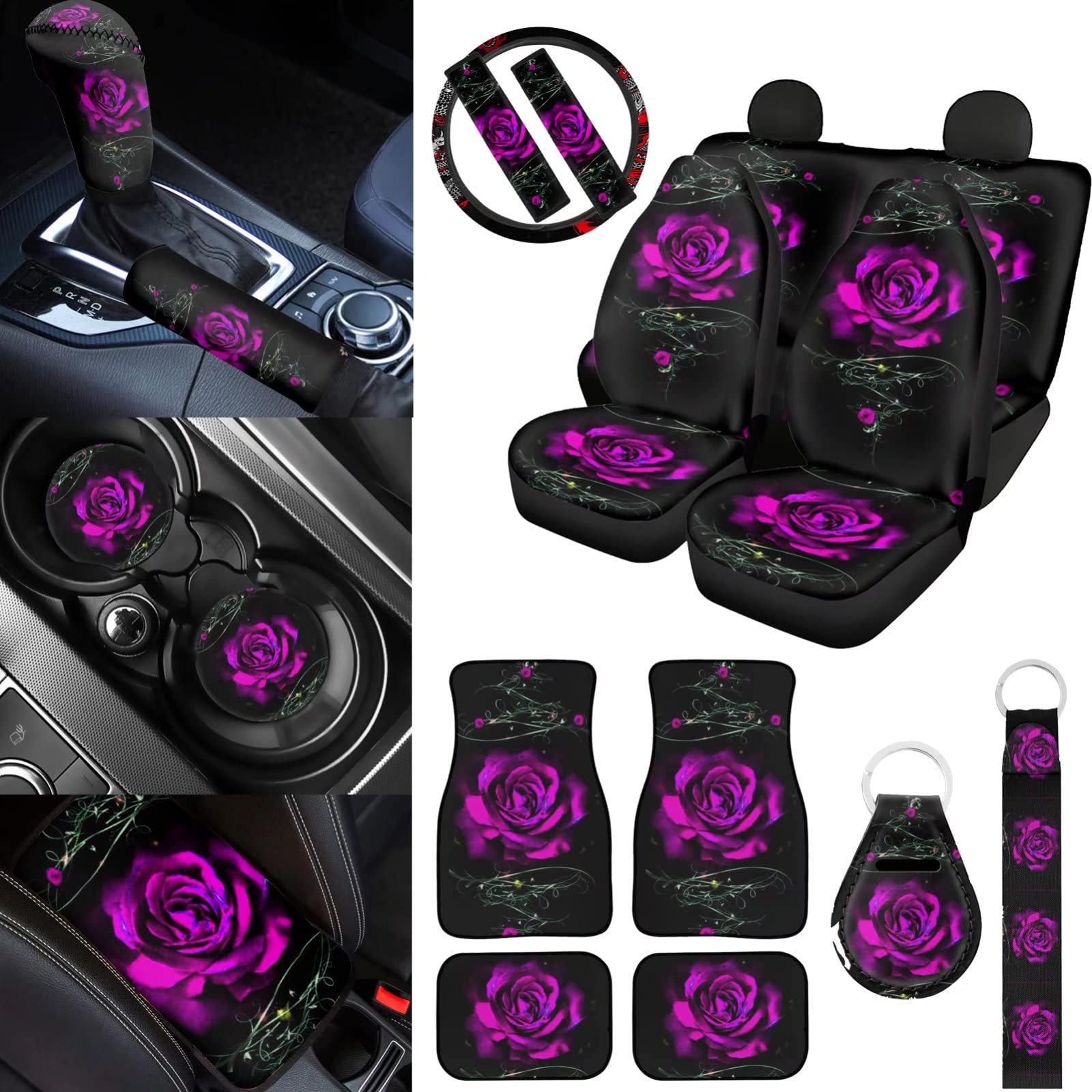 BIGCARJOB 18-Piece Purple Rose Car Seat Covers Set for Women - Stylish Auto Interior Accessories with Floor Mats, Armrest Cover, Seat Belt Pads, Coasters, Keychain & Steering Wheel Cover | Perfect for Sedans, SUVs & Gift Giving