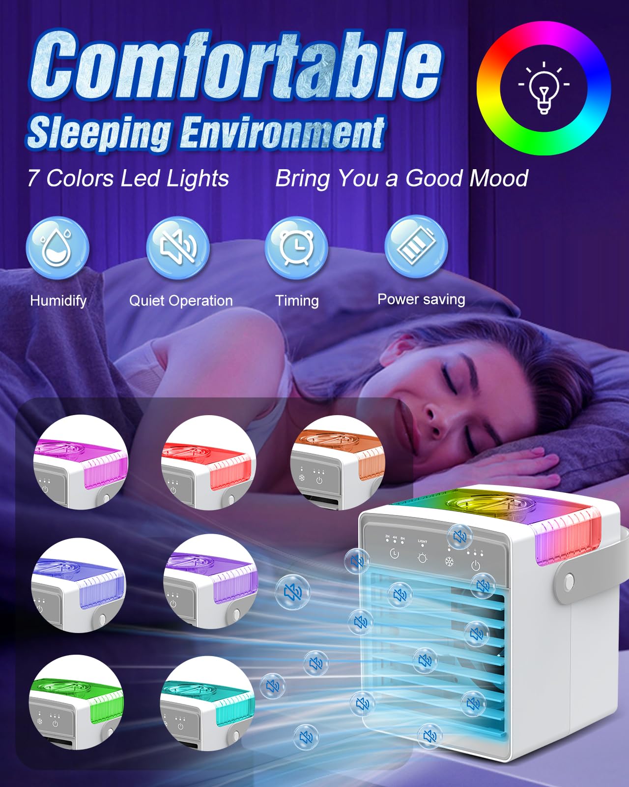 Portable Air Conditioner with 3 Wind Speeds & 7 LED Lights - 4-in-1 Evaporative Cooler with 300ml Large Water Tank - Mini AC Unit for Bedroom, Home, Office, Car, Camping - Stay Cool Anywhere
