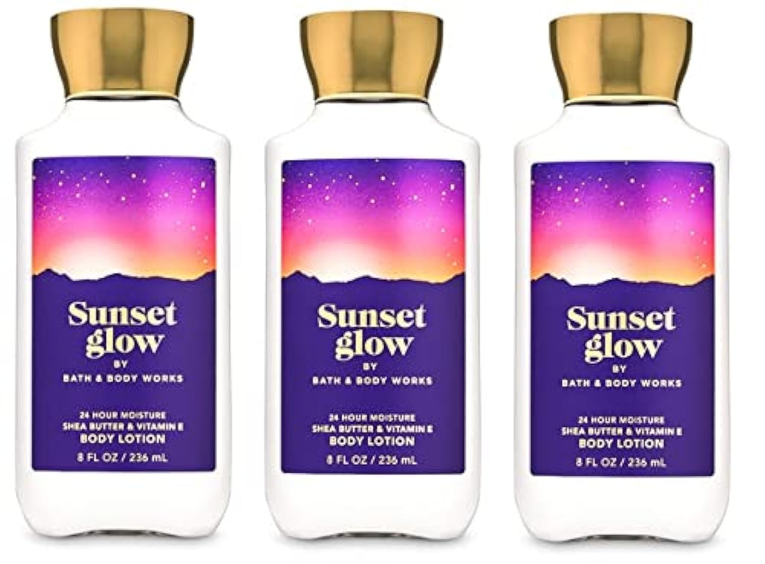 Bath & Body Works SUNSET GLOW 24-Hour Moisturizing Body Lotion - 3 Full Size Bottles for Dry Skin Care, Hydration & Softening - Perfect for Daily Use, Travel & Gift Giving