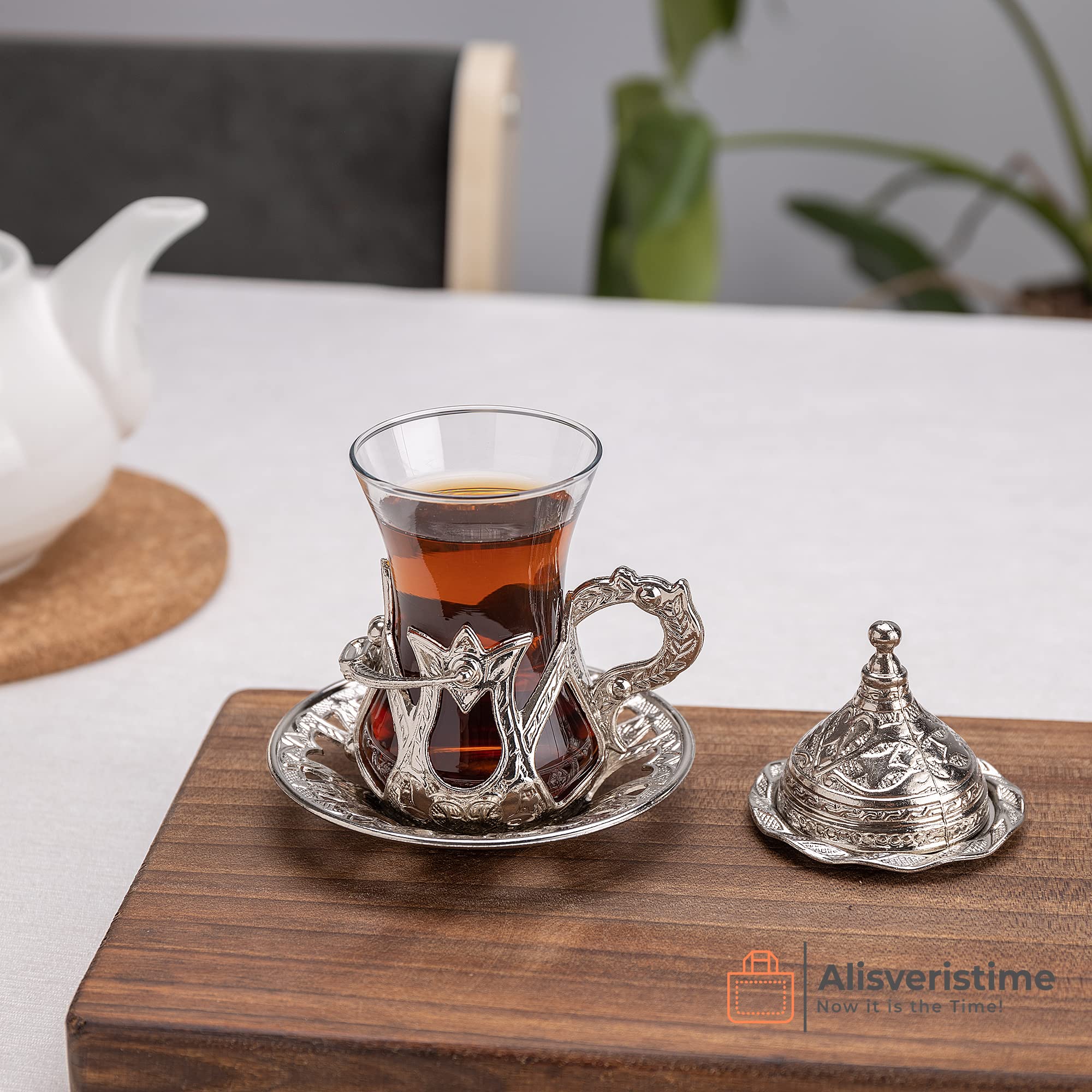 Handmade Turkish Tea Set with Zamzam Water Glasses, Saucer, Tray & Spoon (Silver) - Perfect for Traditional Tea Ceremonies, Home Decor & Gift Giving