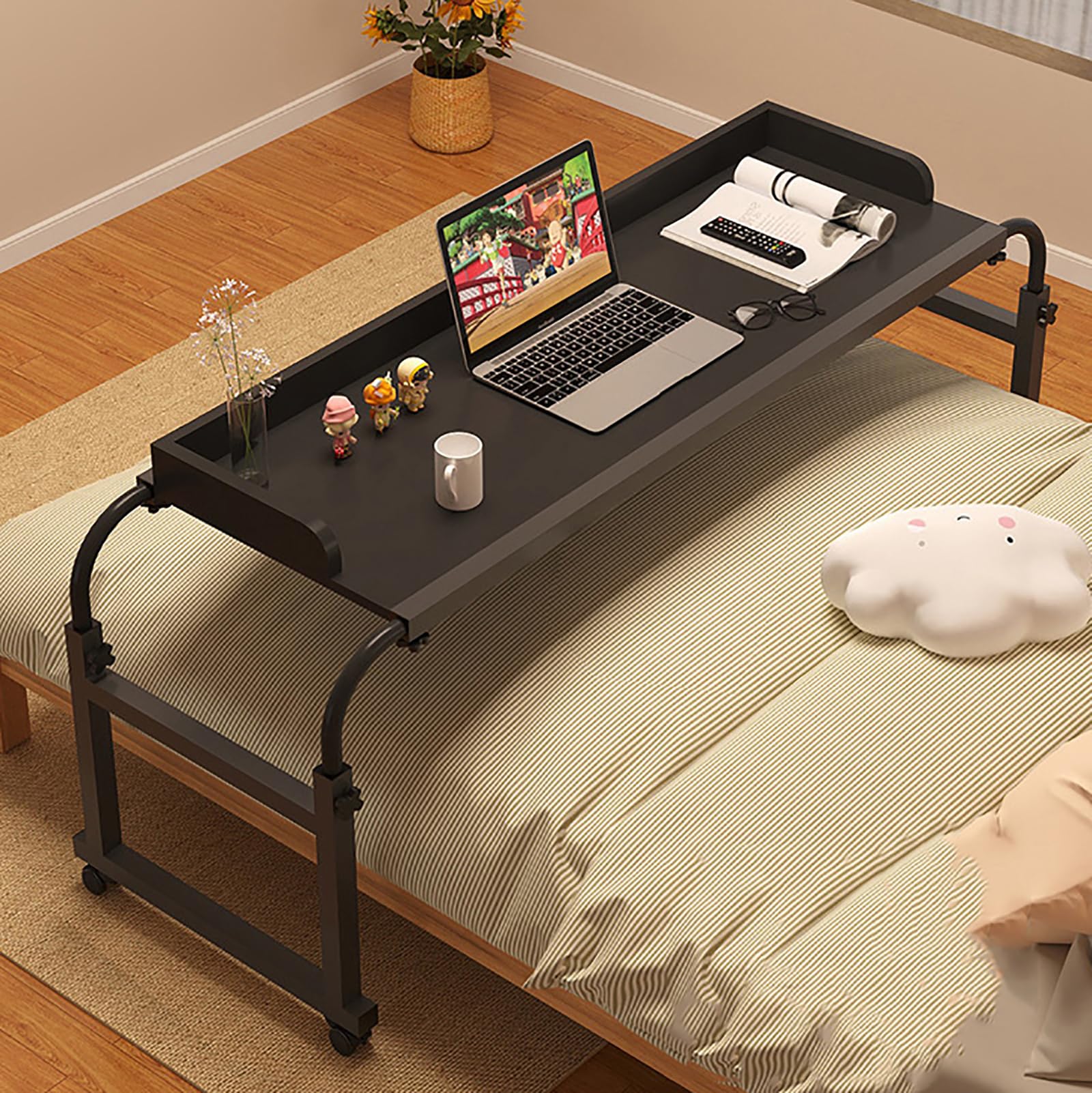 Adjustable Height Overbed Table with Wheels - Rolling Desk for Bed, King Size Wooden Bedside Laptop Table - Mobile Computer Workstation for Full, Queen & King Beds - Perfect for Home Office, Hospital Use, and Bedside Dining