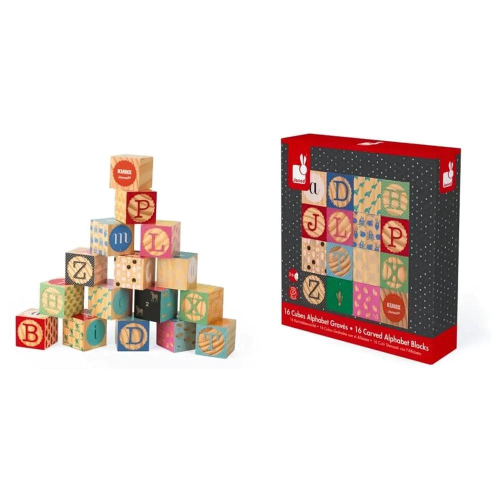 Janod Kubix 16-Piece Alphabet Wooden Blocks - Educational ABC Learning Toys for Toddlers, Montessori Stacking Building Blocks for Kids Ages 2-5 - Perfect for Preschool Classroom & Homeschool Activities