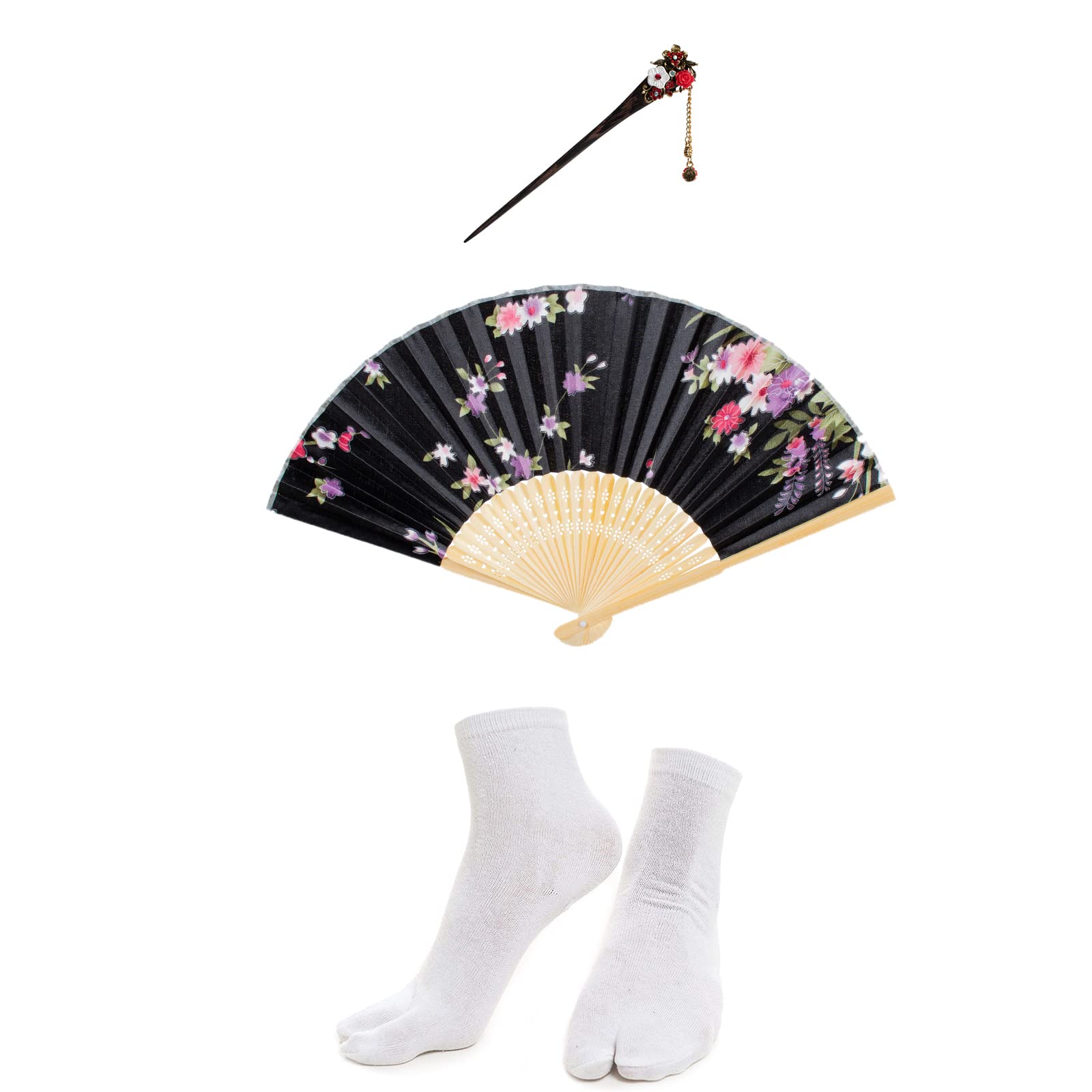Japanese Anime Women's Dance Kimono Robe with Silk Folding Fan & Tabi Socks Set - Cosplay Costume for Halloween, Anime Conventions & Traditional Dance Performances