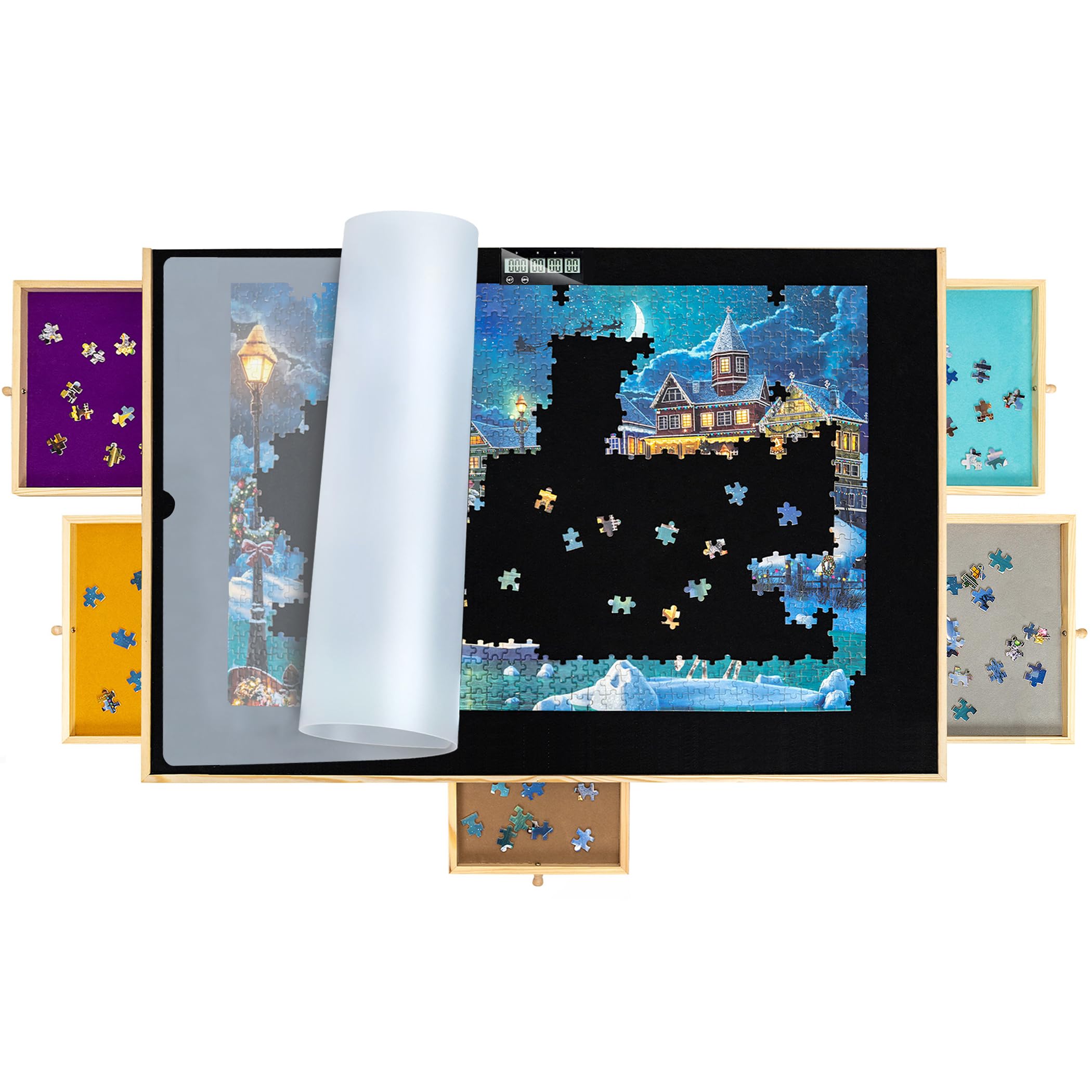 1500 Piece Wooden Jigsaw Puzzle Board with Timer - 6 Drawers & Slip-Proof Cover for Adults - Perfect for Family Game Nights, Stress Relief & Home Decor