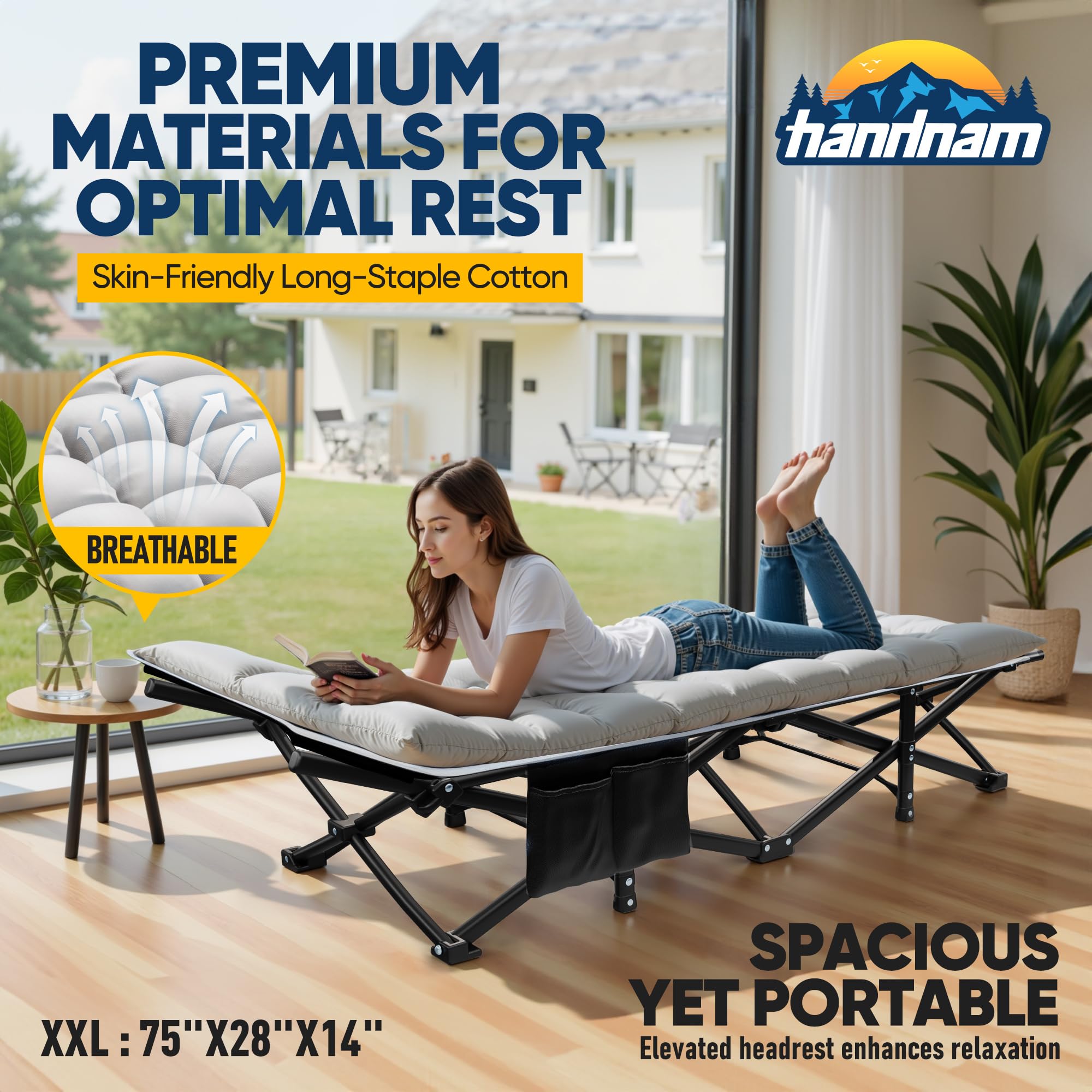 Heavy Duty Folding Camping Cot for Adults - 1200D Double Layer Oxford Fabric with Flannel Blanket - Portable Sleeping Cot Supports 550LBS - Perfect for Camping, Home Office Naps, Beach Travel & Outdoor Adventures