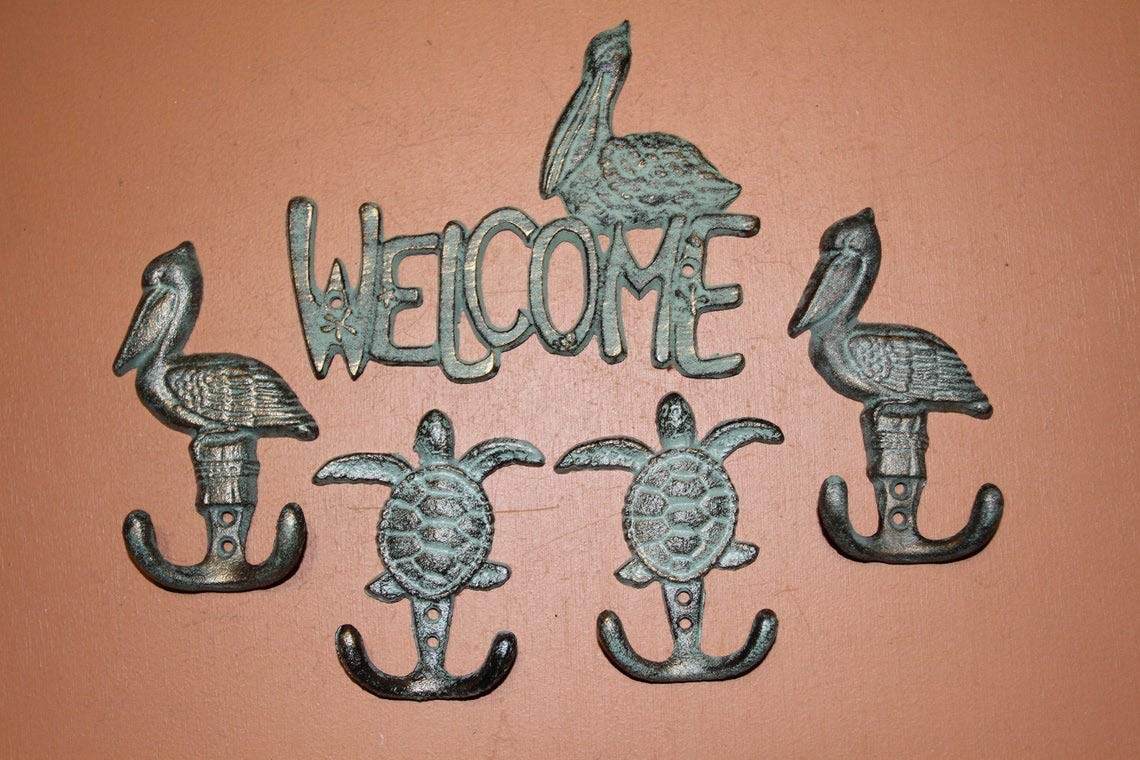 Handmade Bronze Cast Iron Pelican & Sea Turtle Wall Hooks Set of 5 - Coastal Decor for Beach House, Bathroom, or Entryway - Durable Rustic Hooks for Hanging Towels, Hats & Keys