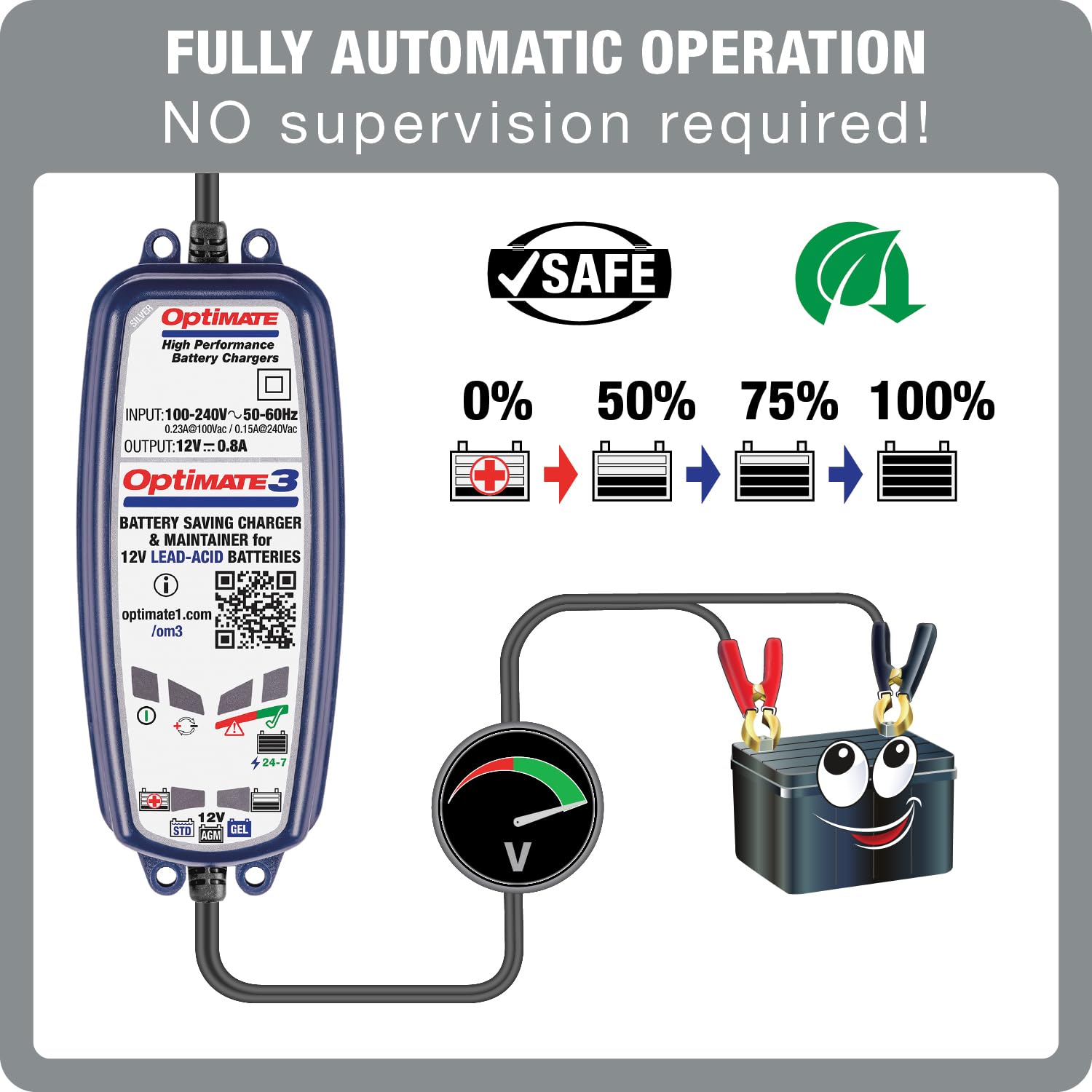 OptiMate3 0.8A Smart Battery Charger for 12V Lead-Acid Motorcycle & Powersport Batteries - Maintainer & Desulfator for ATV, Dirt Bike, Jet Ski & Snowmobile Storage