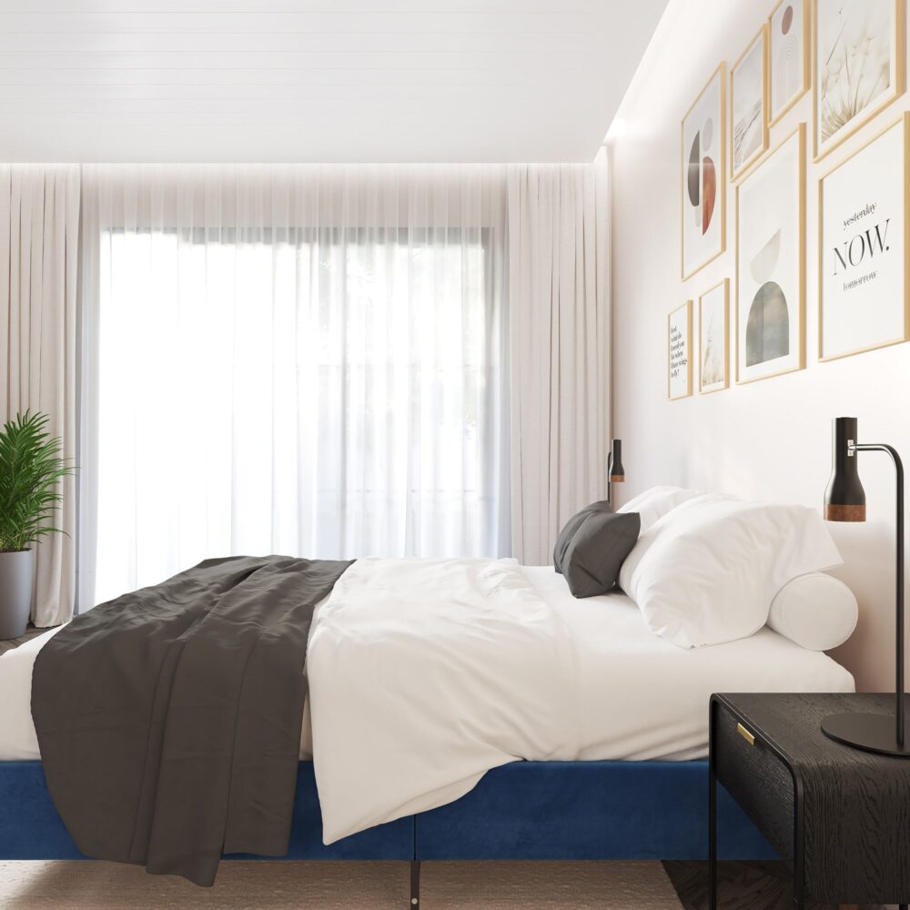 Alexandra Queen Bed Frame with Upholstered Velvet Headboard - Luxurious Blue Fabric - Perfect for Master Bedroom, Guest Room, or Apartment Decor