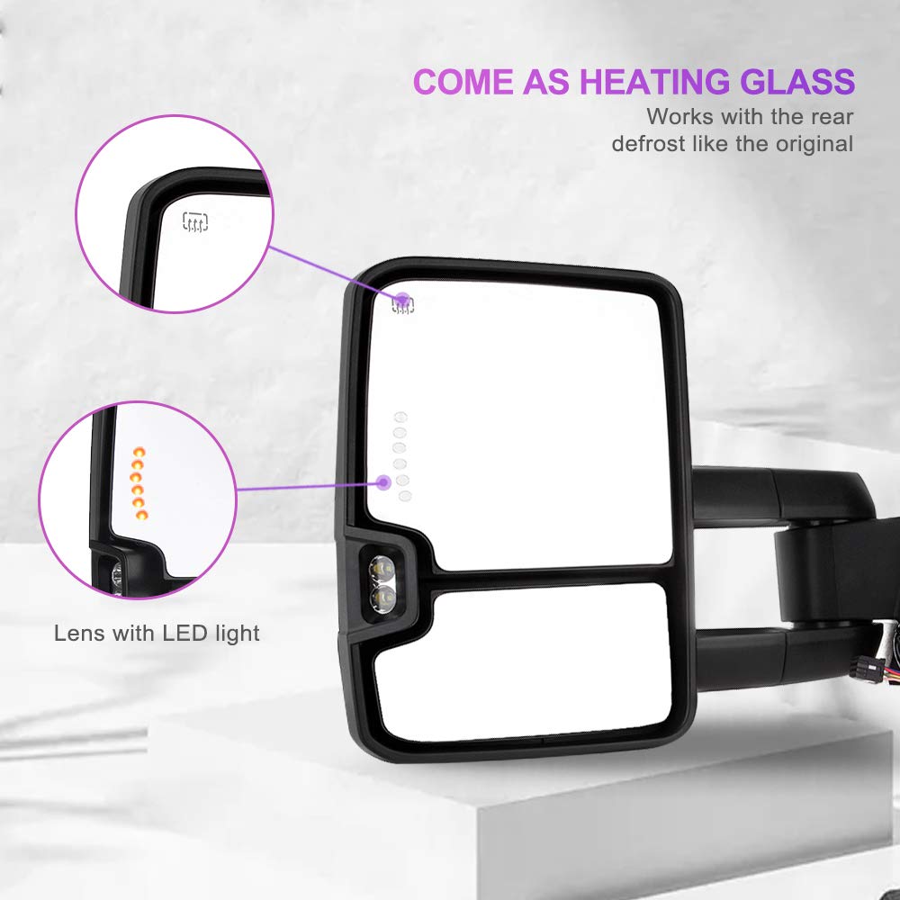 CCiyu Power Heated Towing Mirrors - Left & Right Chrome Side Mirrors Compatible with 2014-2018 Chevy/GMC 1500 & 2015-2019 Chevy/GMC 2500/3500 Trucks - Features Turn Signal Lights & Defrost Function - Perfect for Towing, Off-Roading & Winter Driving