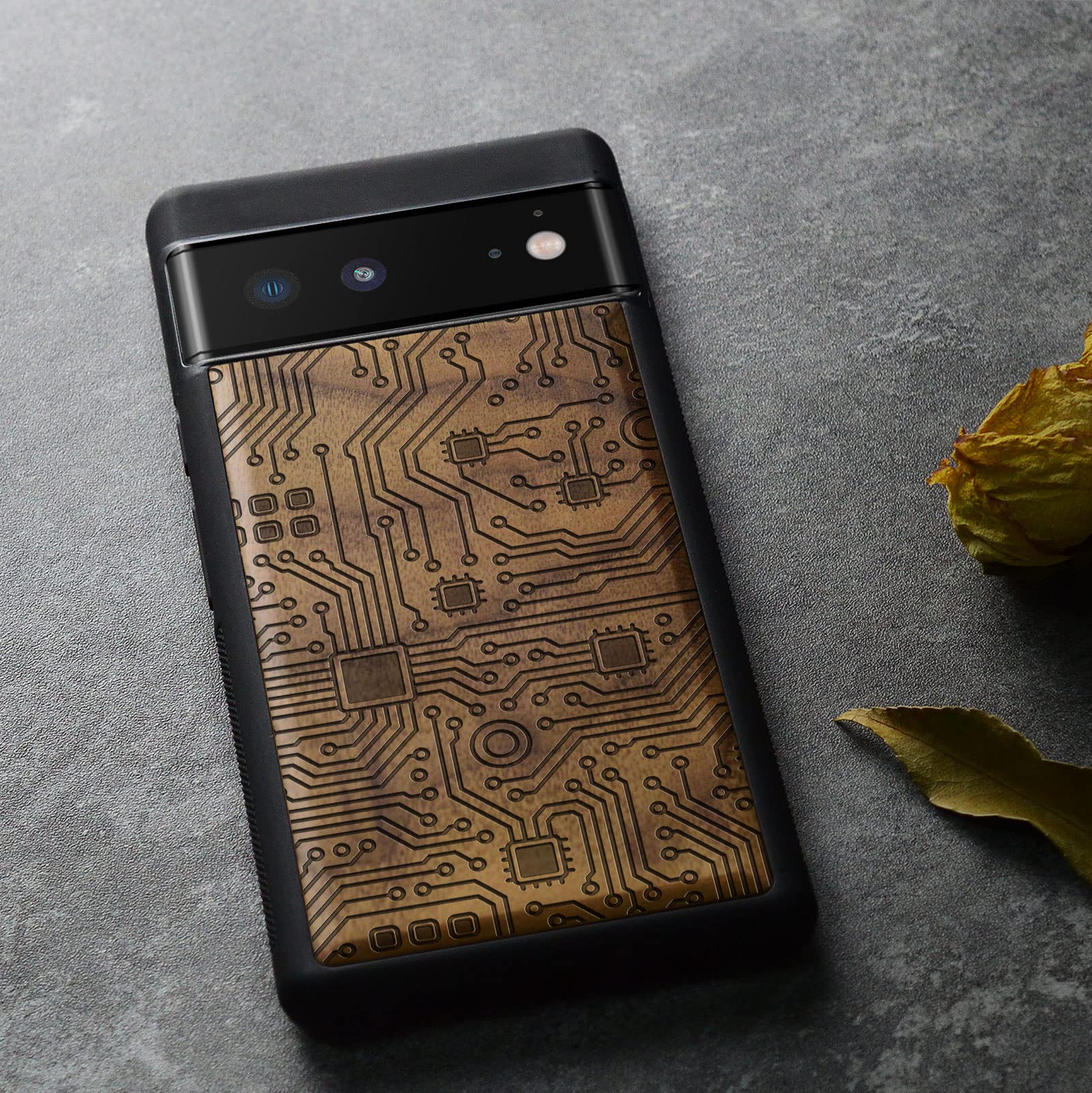 Carveit Wooden Phone Case for Google Pixel 6 (2021) - Natural Walnut Wood & Black TPU Hybrid Shockproof Protective Cover | Slim Durable Design for Everyday Use & Business Professionals