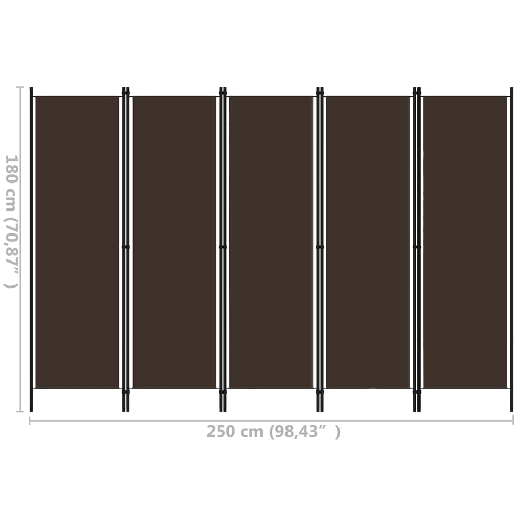VidaXL 5-Panel Freestanding Room Divider with Durable Powder-Coated Iron Frame & Brown Fabric Screens - Multifunctional Privacy Screen for Bedroom, Living Room, Office or Studio - Perfect for Space Partition & Home Decor