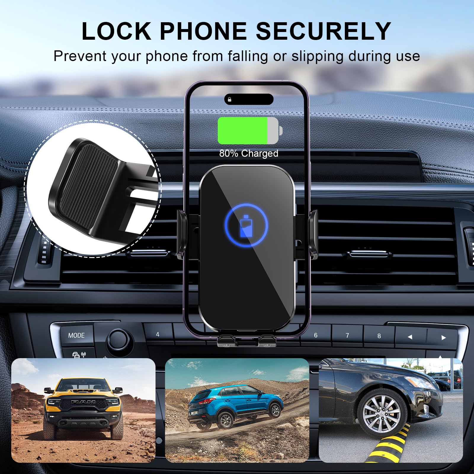 15W Fast Wireless Car Charger Mount - Auto-Clamping Qi-Certified Phone Holder for iPhone 16/15/14/13/12 & Samsung S24/S23/S22/S21 - Secure Hands-Free Charging for Road Trips & Daily Commutes (Silver)