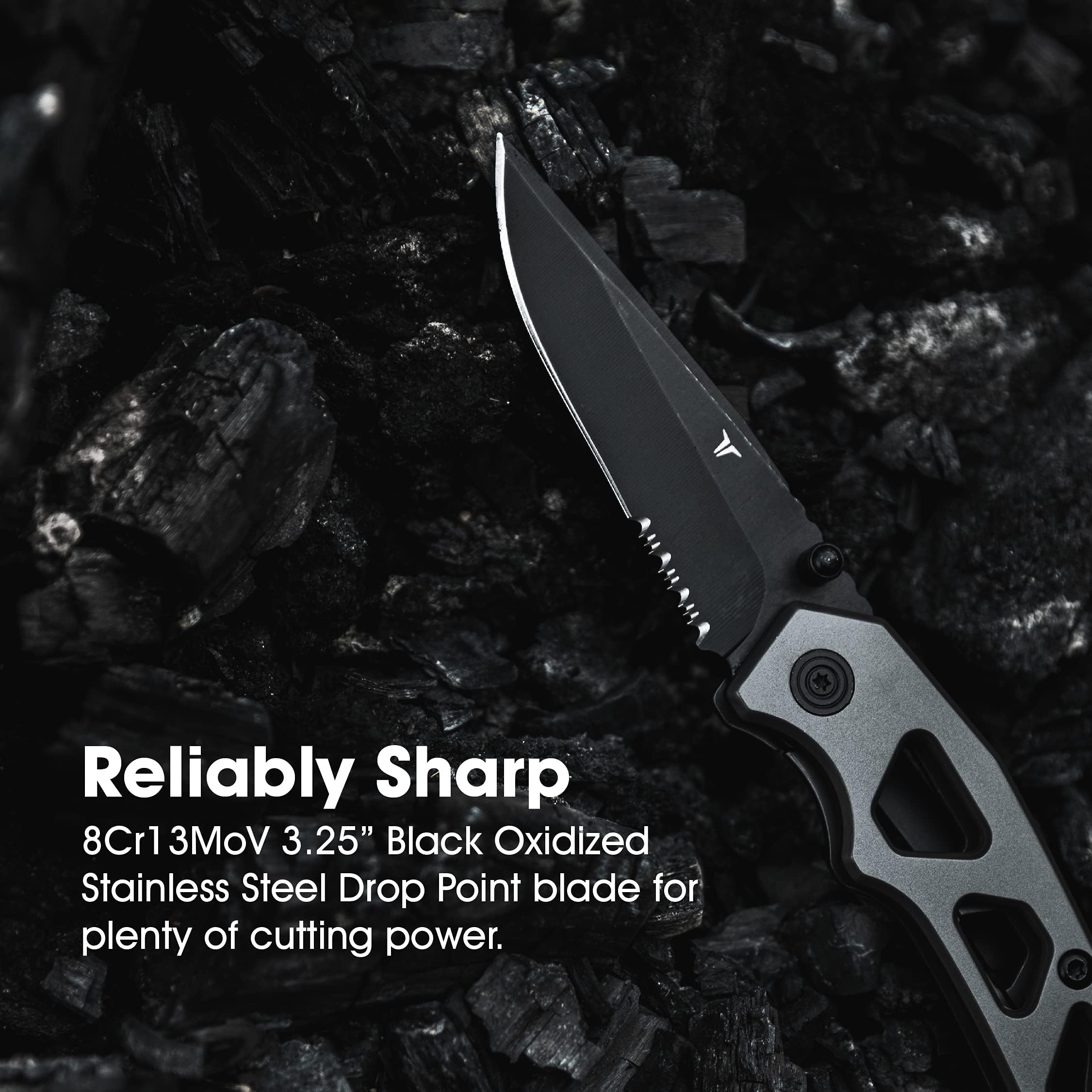 TRUE Tactical Knife - Black Partially Serrated Blade with Lightweight Handle, Glass Breaker & Pocket Clip | Survival, Camping, EDC & Outdoor Activities Knife