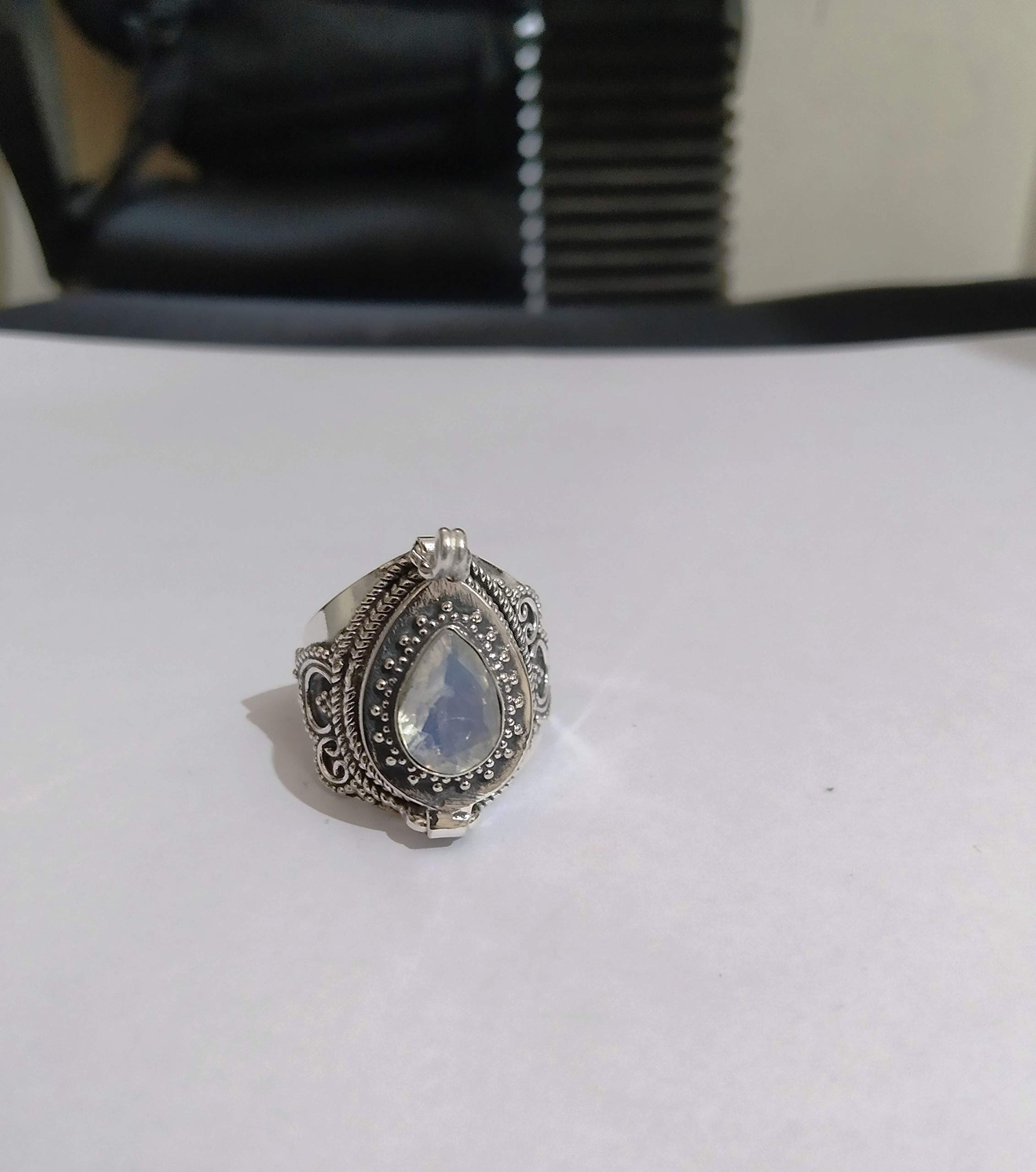 Rainbow Moonstone Poison Ring - 925 Sterling Silver Handmade Secret Box Ring with Labradorite | Adjustable Size 7.5 | Unique Mother's Day Gift, Witchy Jewelry & Gothic Fashion Accessory | Perfect for Cosplay, LARP, and Alternative Style Outfits