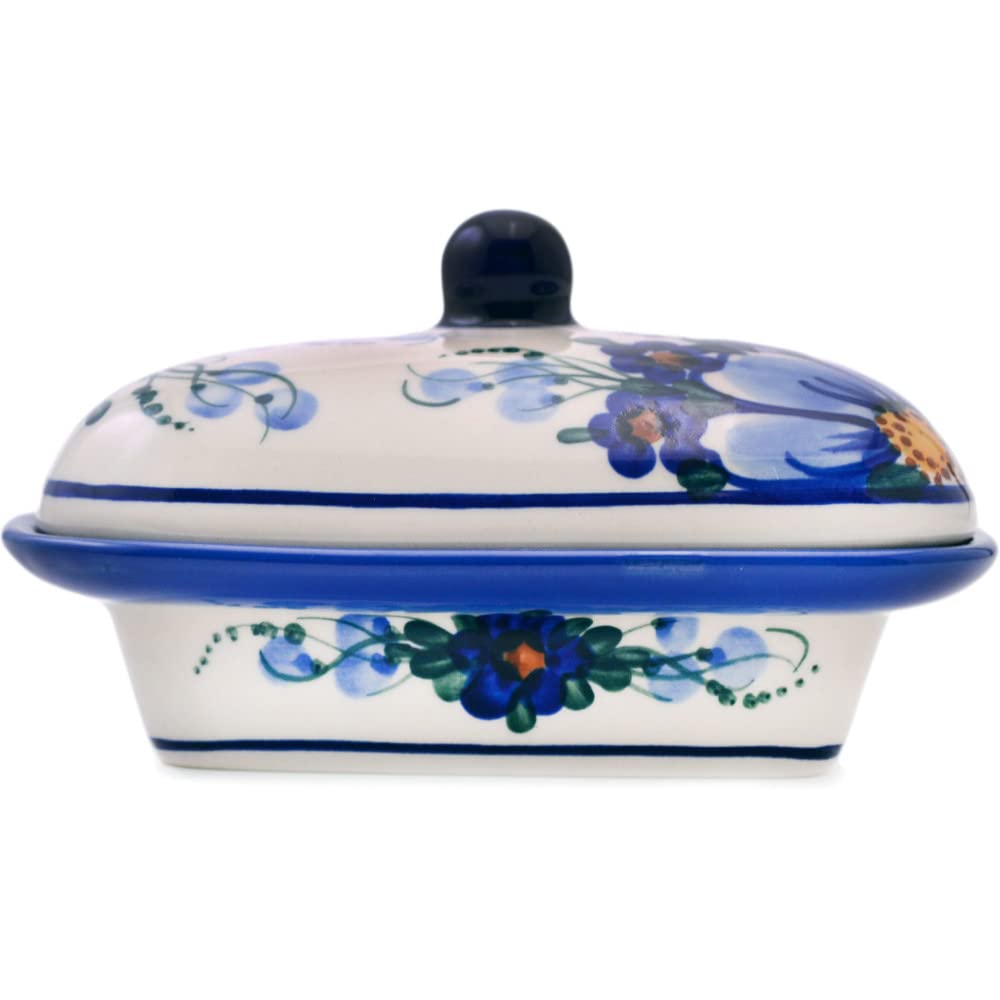 Authentic Polish Pottery 7.25-inch Butter Dish - Handmade Himalayan Blue Poppy Design, UNIKAT Certified with COA | Perfect for Kitchen Storage, Dining Table Decor & Gift Giving