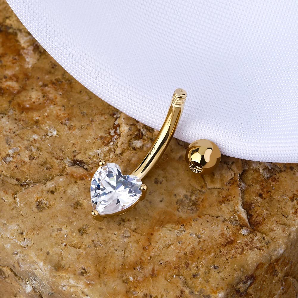 14K Solid White Gold Belly Button Rings with Heart Solitaire Cubic Zirconia - OUFER Body Piercing Jewelry for Women, Perfect for Everyday Wear & Special Occasions