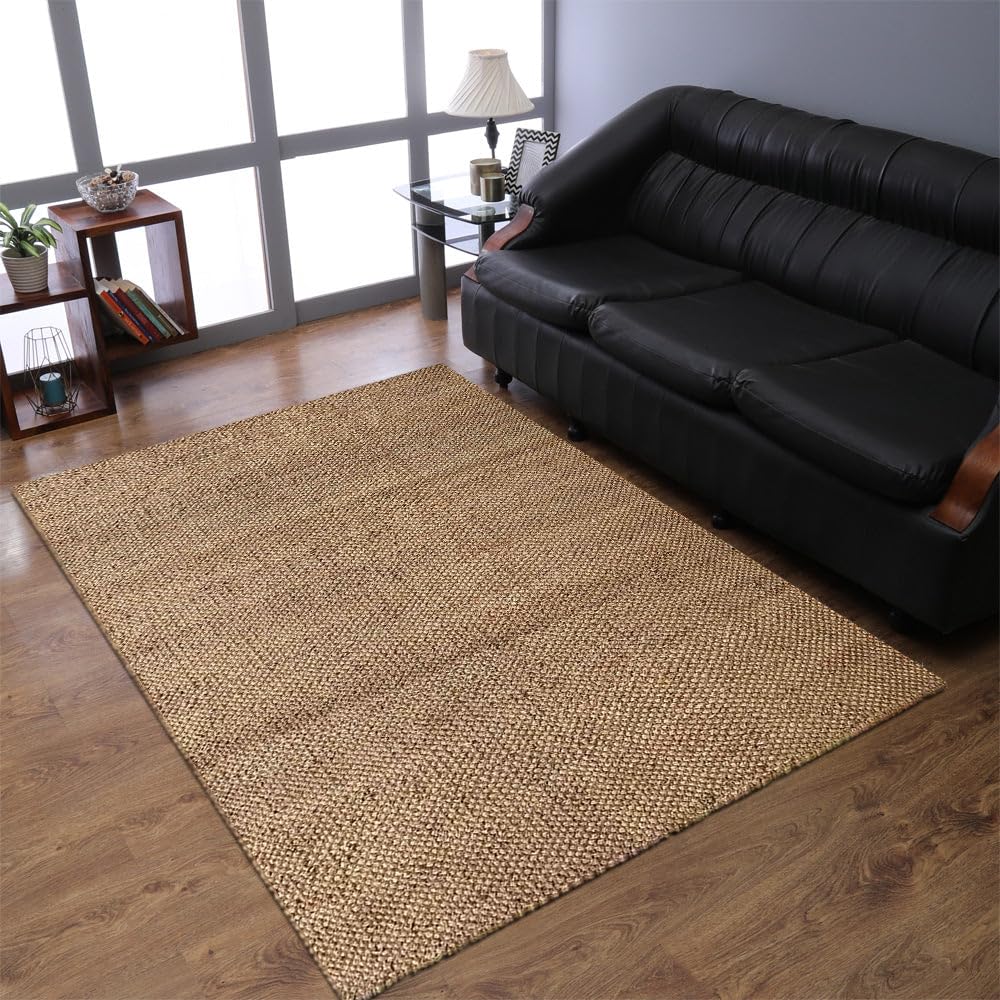 Hand Woven Jute Eco-Friendly Solid Area Rug - 6'x9' Rectangle Natural Fiber High Pile Carpet, Camel Color Plain Design for Living Room, Bedroom, Patio & Outdoor Use | Sustainable Home Decor | J00006