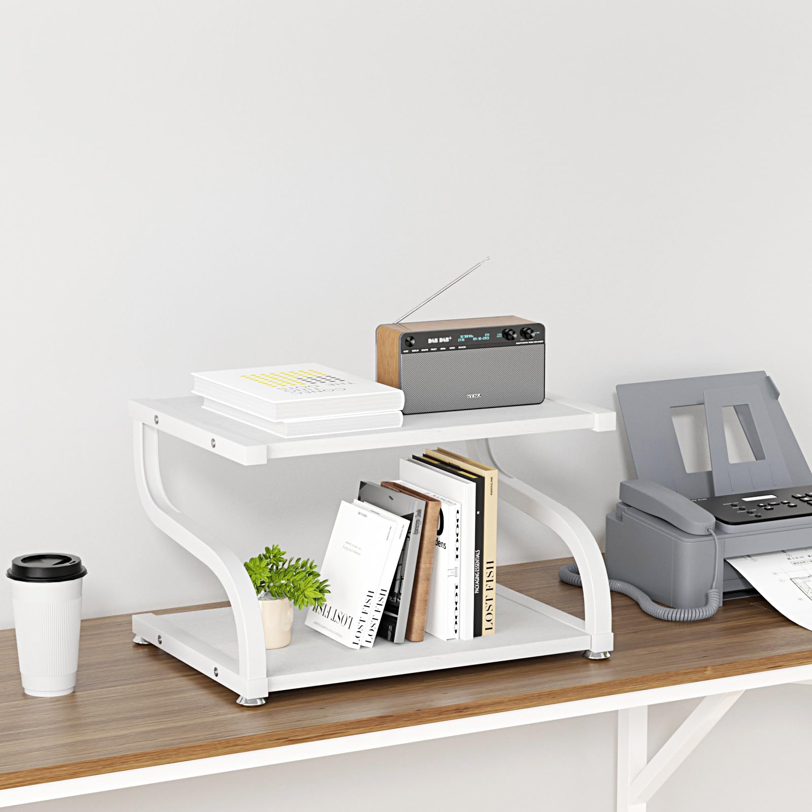 2-Tier Heavy Duty Wooden Printer Stand with Storage - Anti-Slip Desktop Shelf Organizer for Home & Office Workspace - Perfect for Printer, Scanner, and Office Supplies Organization (White)