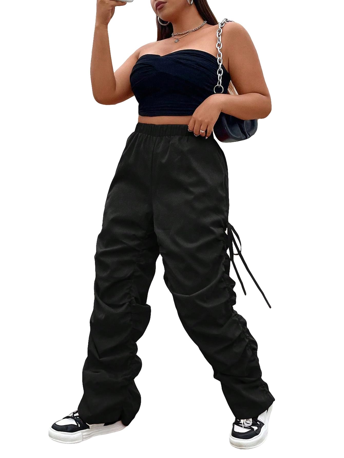 GORGLITTER Plus Size Women's High Waist Cargo Pants - Ruched Baggy Parachute Pants with Drawstring for Casual Wear & Street Fashion