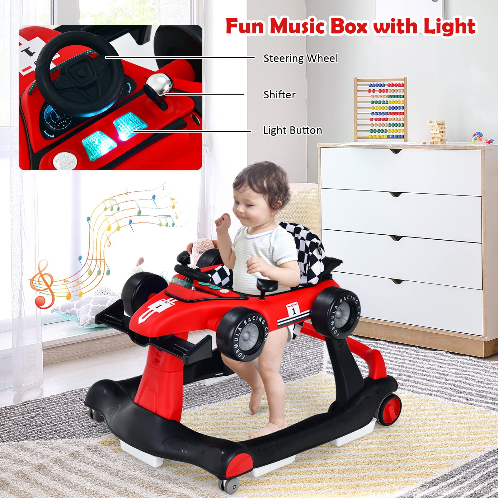 HONEY JOY 4-in-1 Baby Activity Walker with Adjustable Height & Speed - Foldable Push Walker with Music, Lights & Padded Seat for Infants 6-18 Months - Perfect for Learning to Walk & Indoor Play (Red)