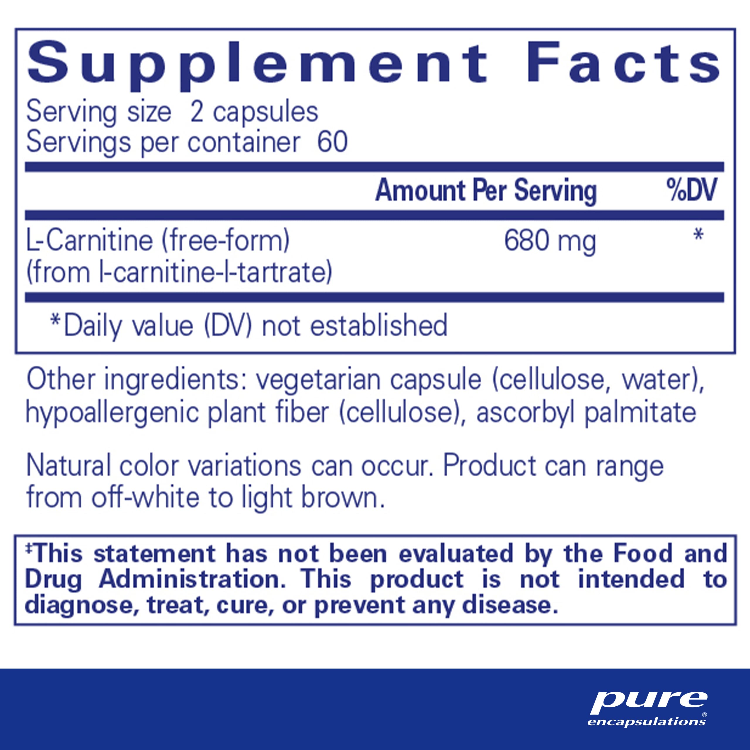 Pure Encapsulations L-Carnitine 120 Capsules - Hypoallergenic Cardiovascular & Endurance Supplement for Energy Metabolism - Supports Workout Performance & Heart Health | Ideal for Athletes & Fitness Enthusiasts