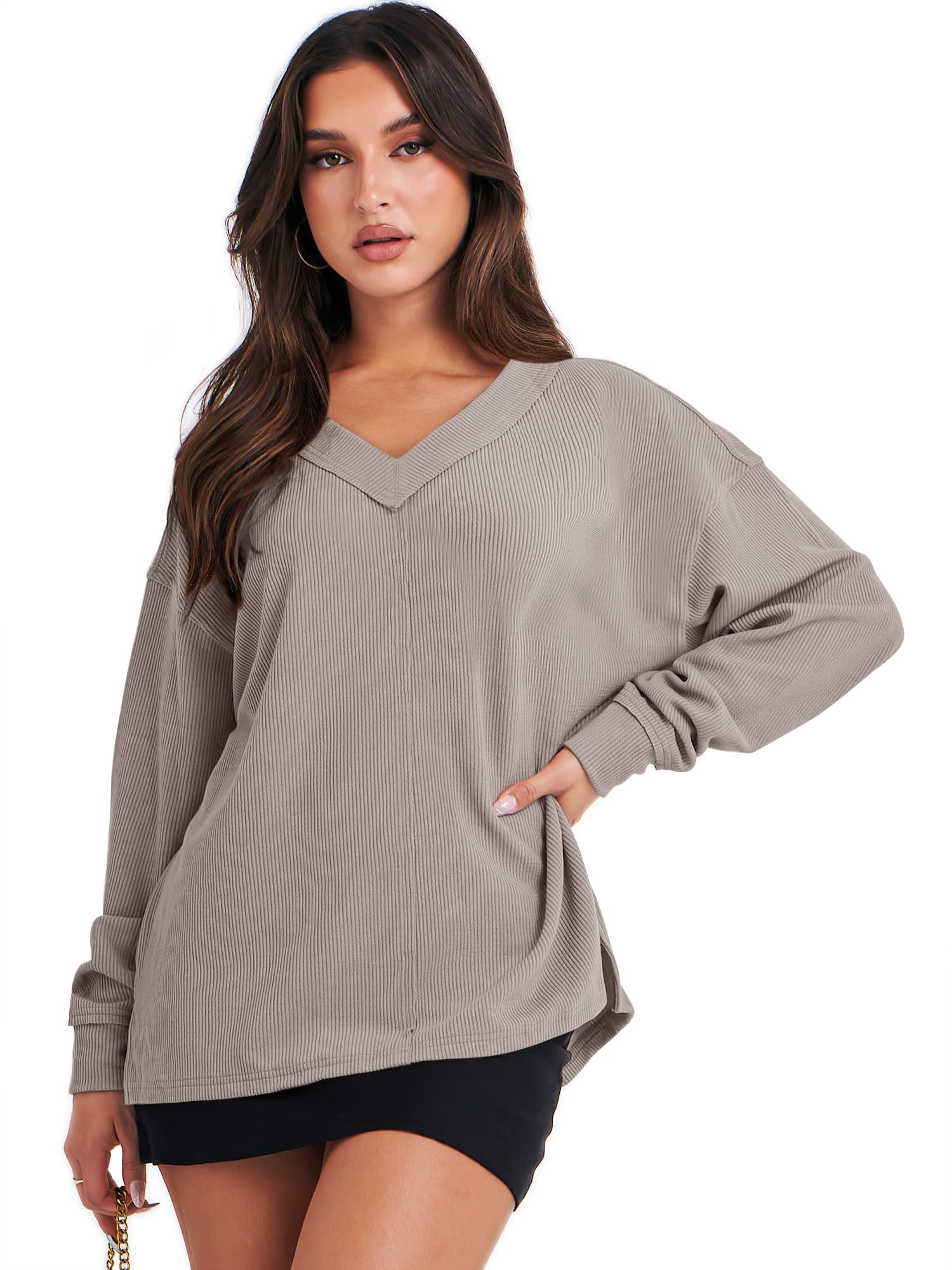 Caracilia Women's Oversized Off-Shoulder Long Sleeve Waffle Knit Sweater - V-Neck Pullover Top for Fall 2024 | Casual Outfit, Layering Essential & Cozy Winter Fashion