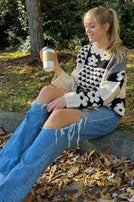 Beige Floral Print Cable Knit Sweater for Women - Cozy Winter Pullover for Casual Outings & Holiday Gatherings