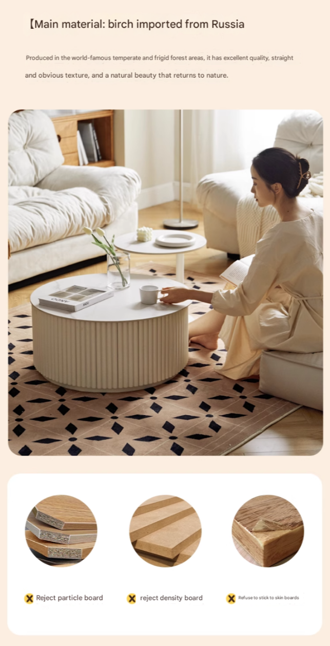 Birch Solid Wood Cream Style Rock Plate Coffee Table - Modern Scandinavian Living Room Furniture for Small Spaces, Home Decor, and Cozy Gatherings