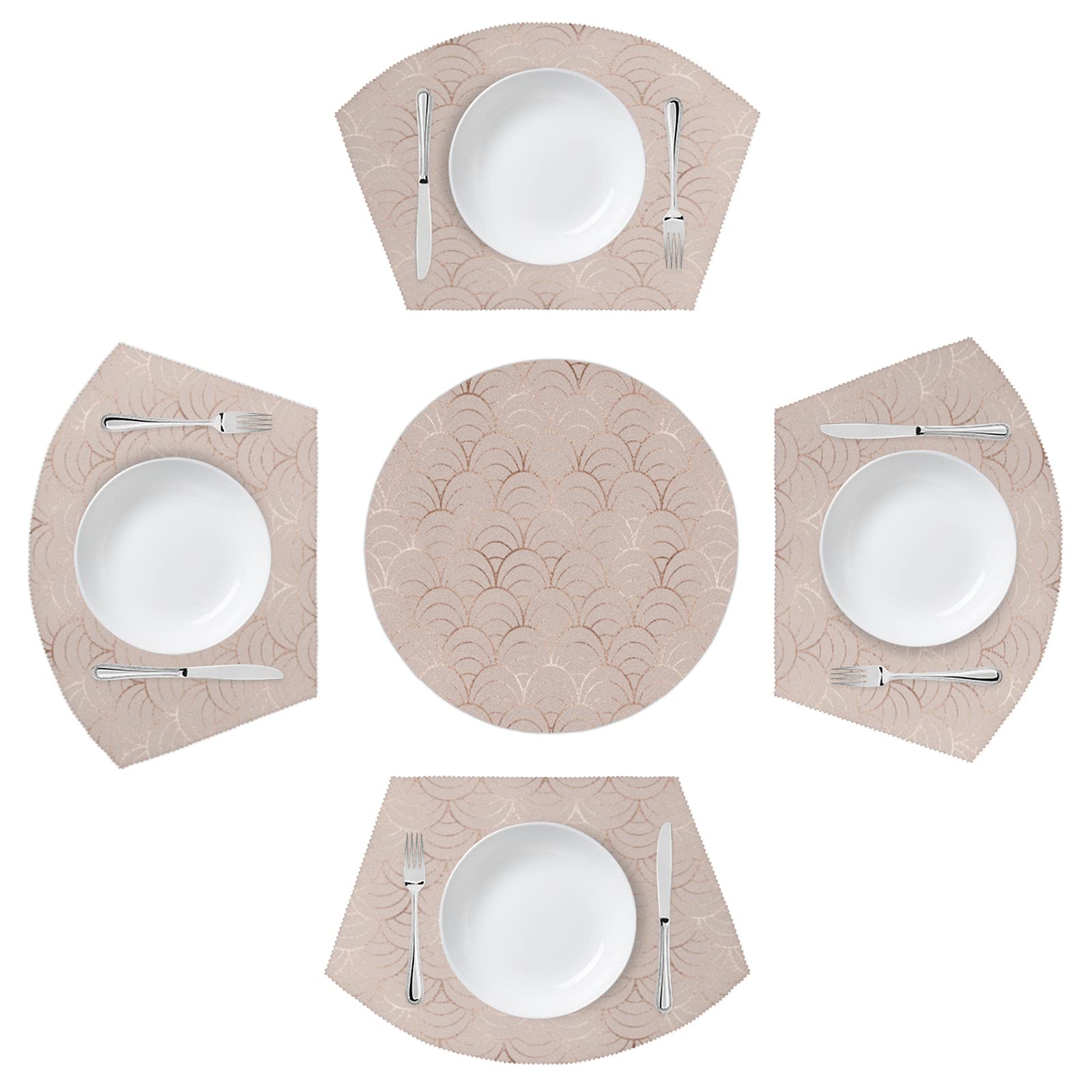 5-Piece Round Table Placemats Set - Abstract Ocean Wave Design with 4 Wedge & 1 Centerpiece Mat, Heat Resistant & Washable Dining Table Mats for Beach House, Kitchen, or Outdoor Entertaining