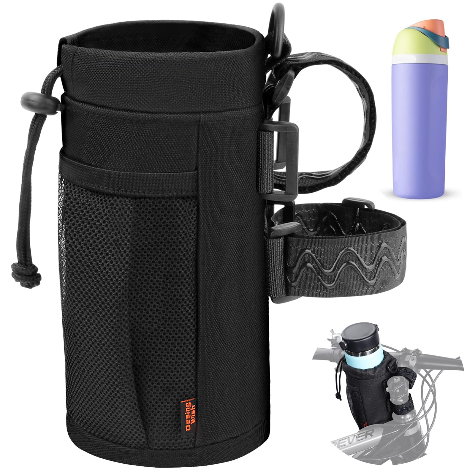 24oz Bike Water Bottle Holder with Mesh Pocket - Durable Bike Cup Holder Sling for Mountain Biking, Walking, Scooter & Sports - Perfect for Hydration During Outdoor Activities