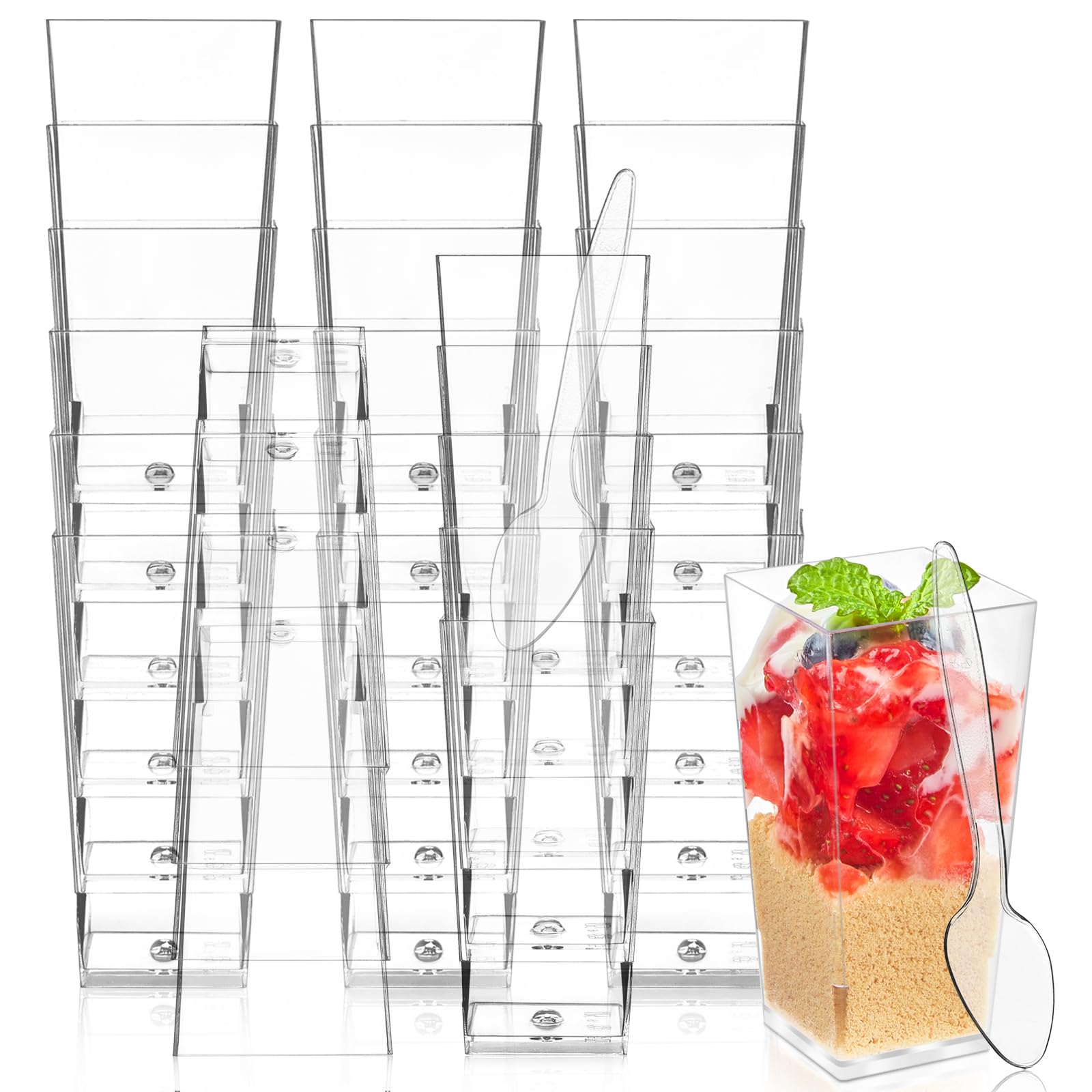 50 Pack 3oz Clear Plastic Mini Dessert Cups with Spoons - Square Tall Shooter Cups for Parfait, Pudding, Yogurt, Ice Cream & Party Appetizers | Perfect for Catering, Birthday Parties & Wedding Dessert Displays