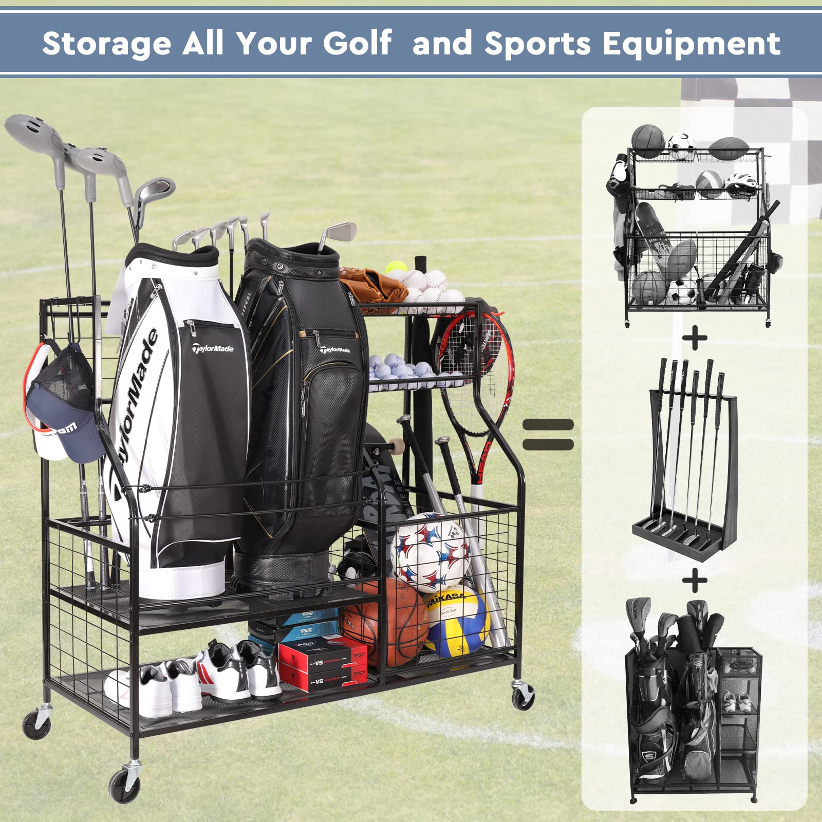 Golf Bag Storage Rack & Sports Equipment Organizer - Heavy-Duty Golf Club Stand with Wheels for Garage, Gym, Shed | Perfect for Golf Ball Storage & Sports Gear Organization