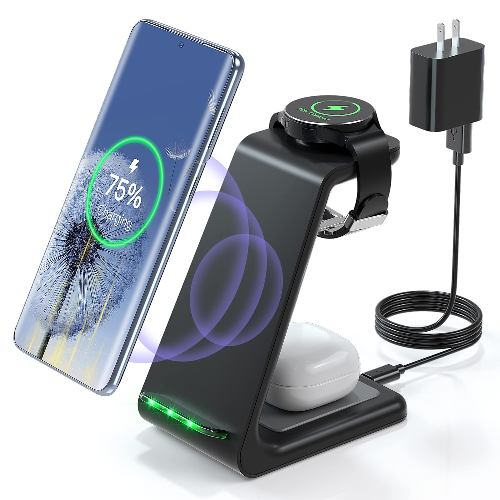3-in-1 Wireless Charging Station for Samsung Galaxy S24/S23/S22/S21/Note 20/10, Galaxy Watch 6/5/Pro/4/3/Active/2/1 & Galaxy Buds+/Live - Fast Qi-Certified Charger Dock for Home, Office & Travel