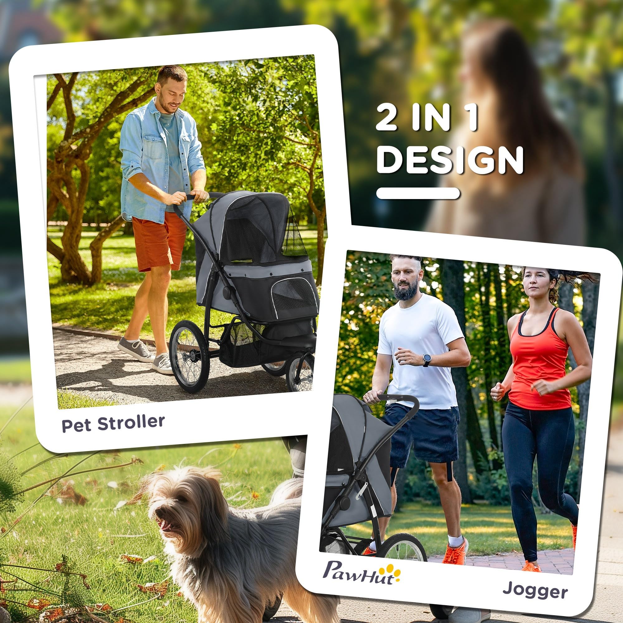 PawHut Foldable Pet Stroller for Small & Medium Dogs & Cats - 3 Large Wheels Jogger with Adjustable Canopy, Safety Tether, Cushion & Storage Basket - Gray | Perfect for Walking, Jogging & Outdoor Adventures with Your Pet