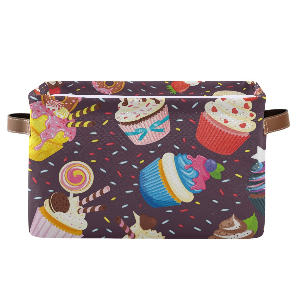 AGONA Sweet Cupcake Yummy Dessert Doughnut Large Foldable Storage Bin - Decorative Fabric Storage Box Organizer with Leather Handles for Home, Closet, Bedroom & Nursery (2 Pack) - Perfect for Toy Storage, Blanket Organization & Seasonal Decor