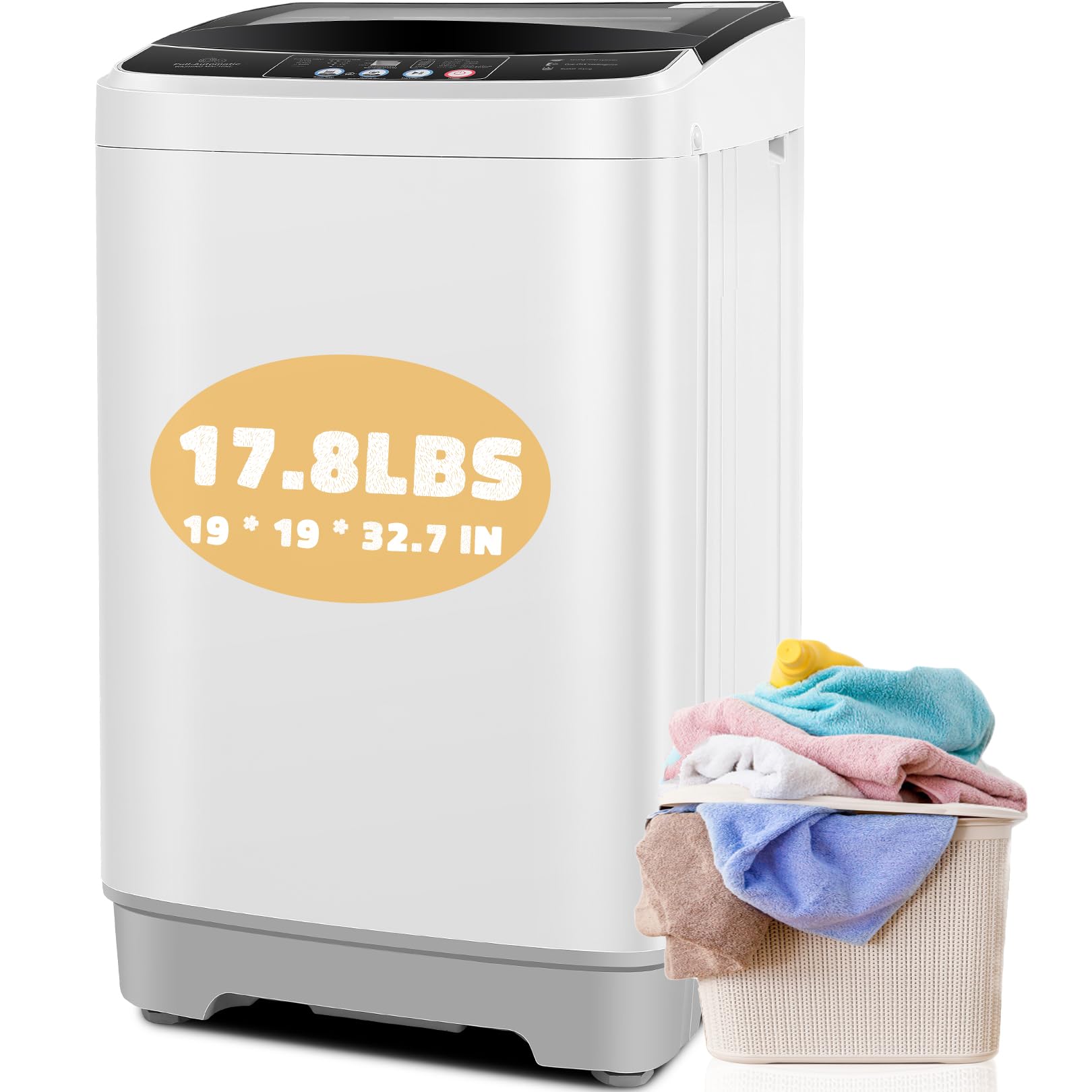 Nictemaw Portable Washing Machine 17.8Lbs Capacity, 2.4Cu.ft Compact Washer Dryer Combo with Drain Pump - 10 Wash Programs & 8 Water Levels for Apartments, RV, Dorm - Glass Cover - Perfect for Small Spaces & Travel Laundry Needs